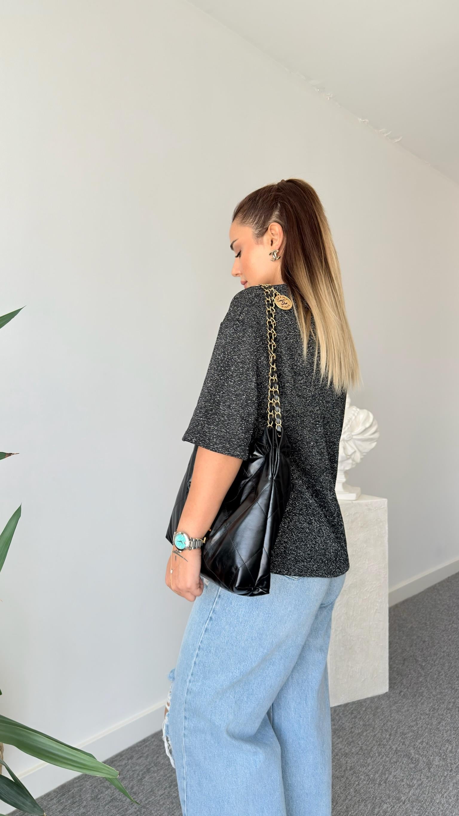 Siyah Simli Orijinal Merserize Bluz