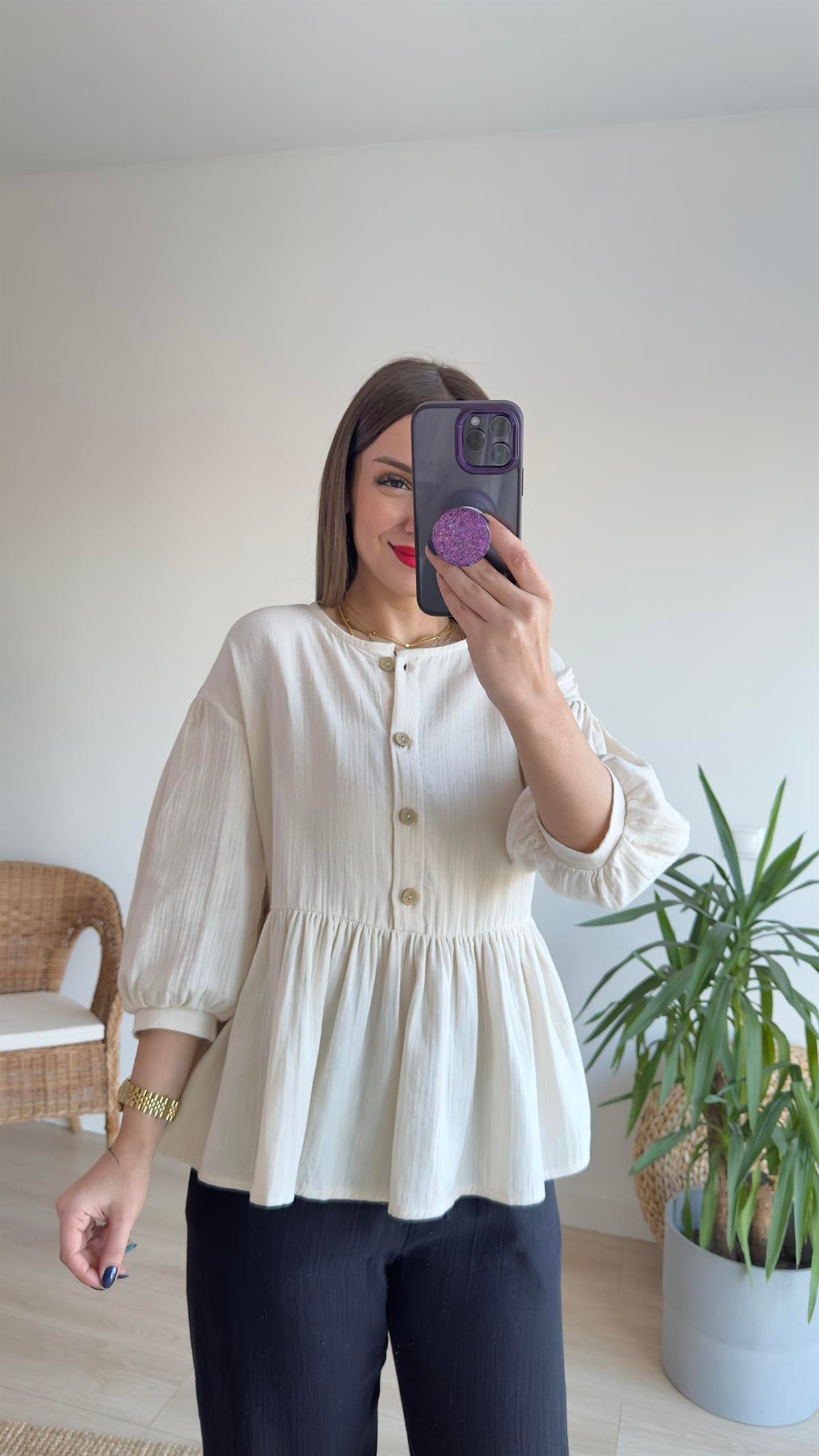 Düğmeli Keten Bluz