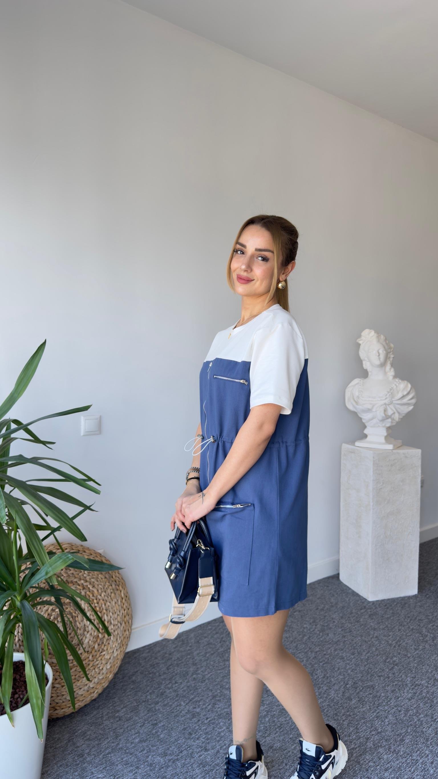 Derno Tshirt Detaylı Mavi Gabardin Elbise 