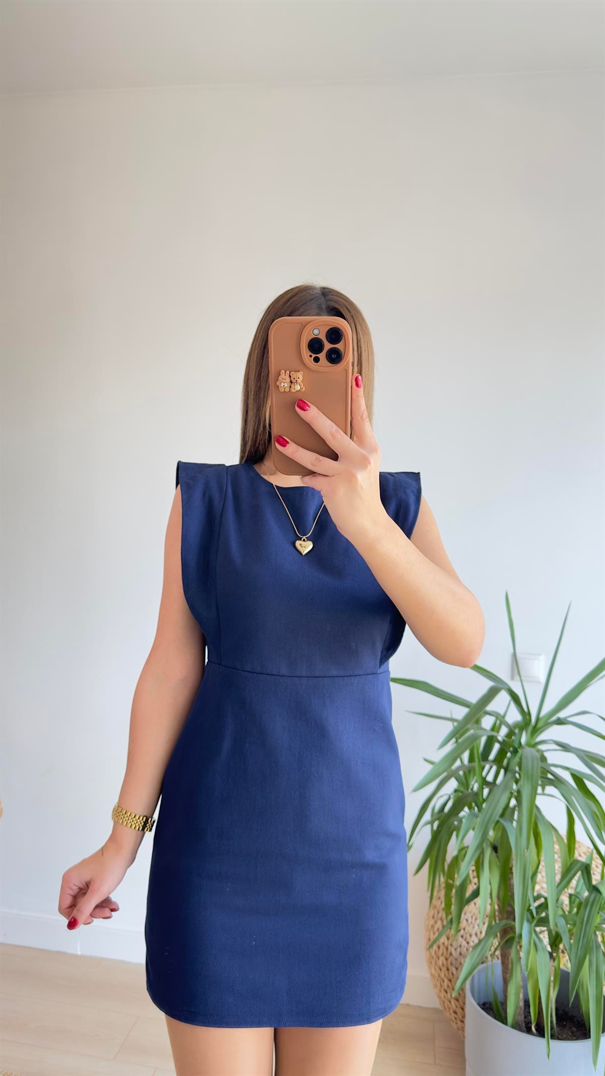 Sırt Fermuarlı Lacivert Gabardin Elbise 