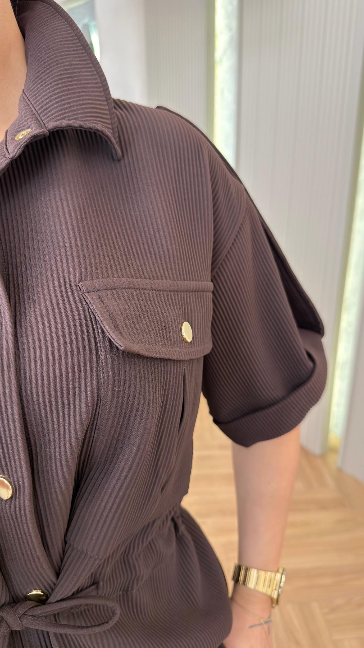 Kahve Verba Gold Düğme Büzgülü Takım