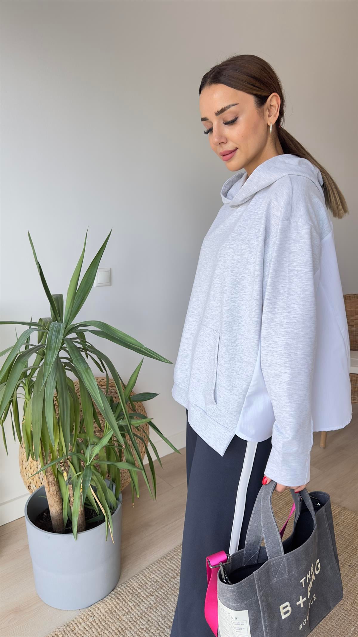 Zra Model Sırtı Poplin Kapüşonlu Gri Sweat