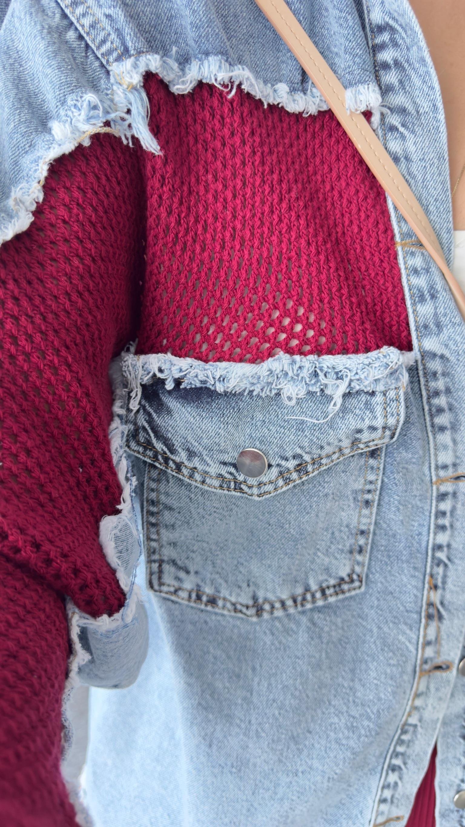 Babel Bordo File Detaylı Salaş Jean Ceket