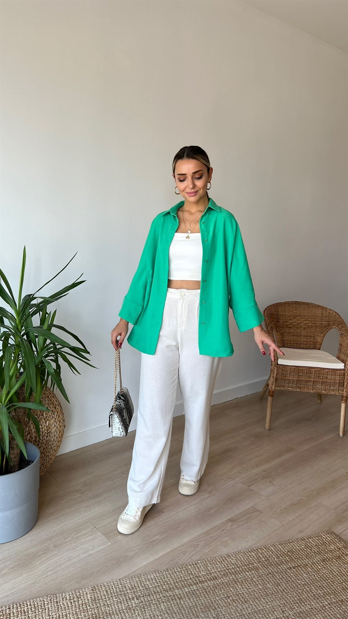 Oversize Yeşil Pamuklu Gömlek