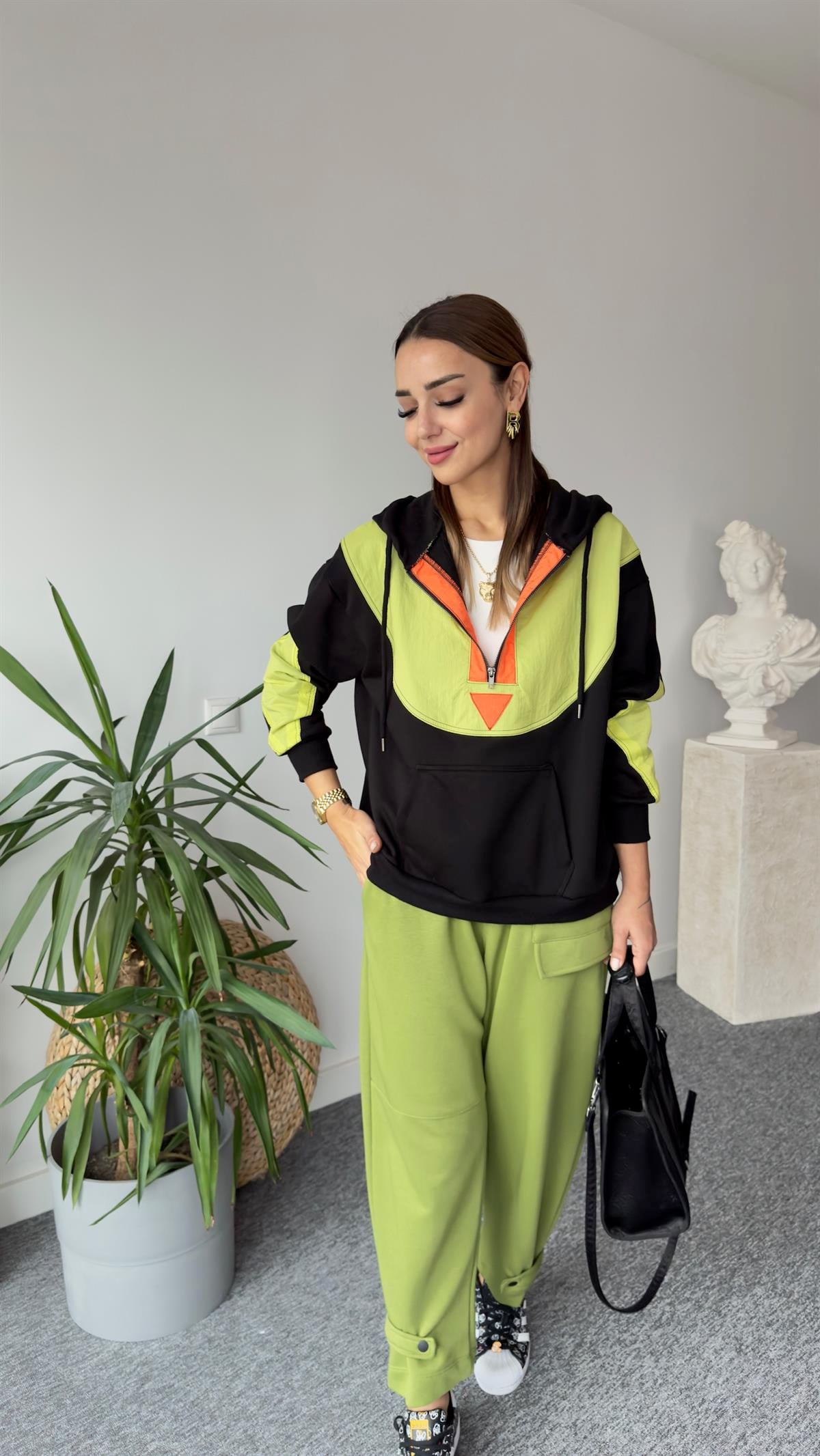 Flat Yarım Fermuar Yeşil Detay Sweat