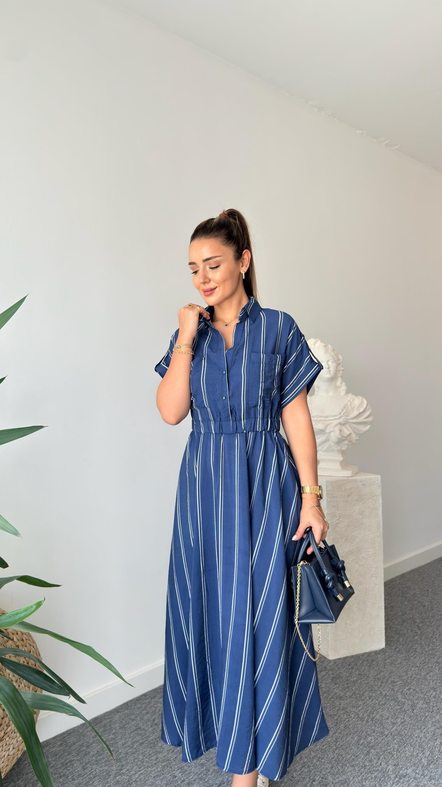 Varela Çizgili Gömlek Yaka Lacivert Elbise