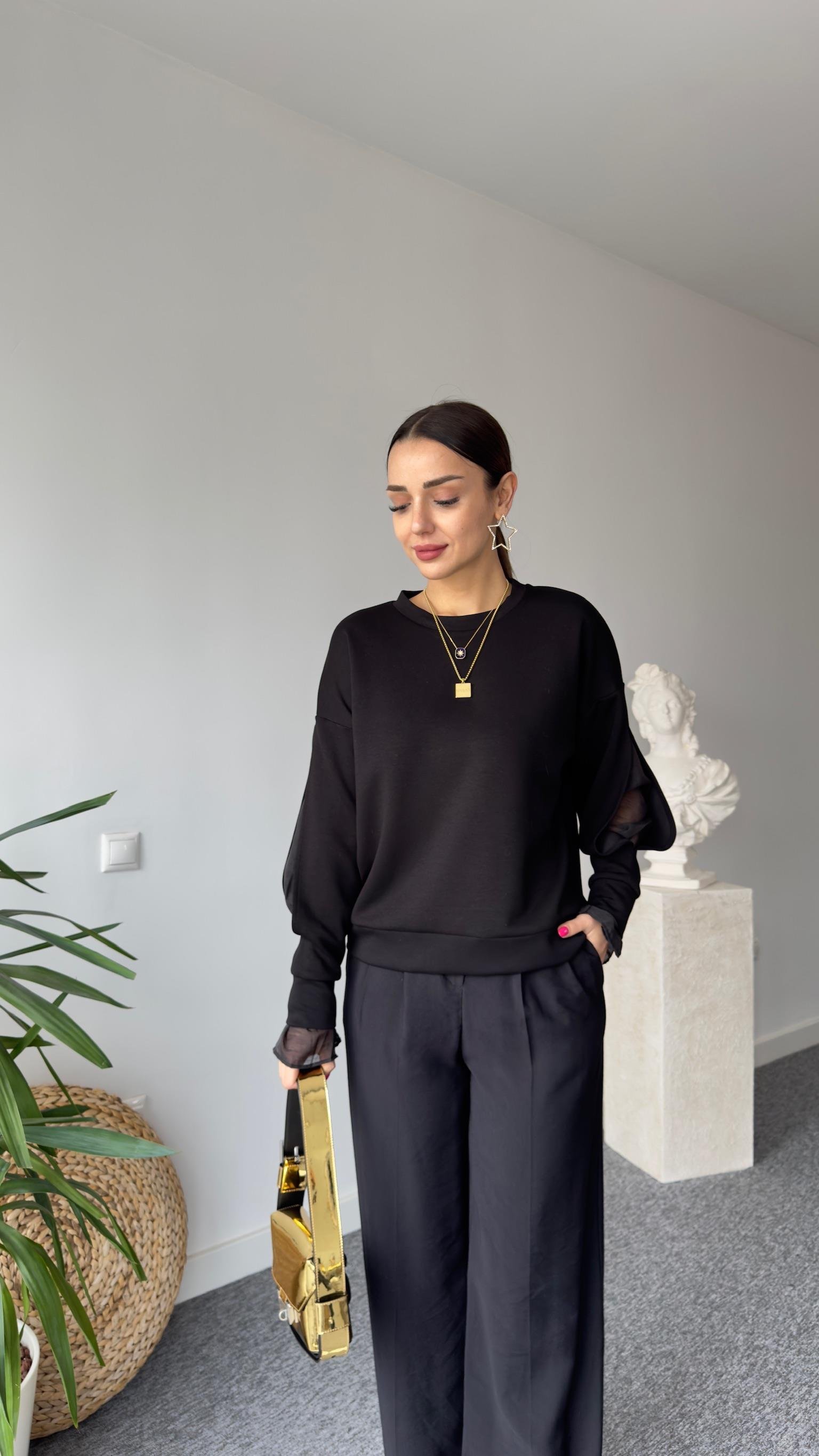 Kolu Pencereli Tül Detay Siyah Modal Sweat