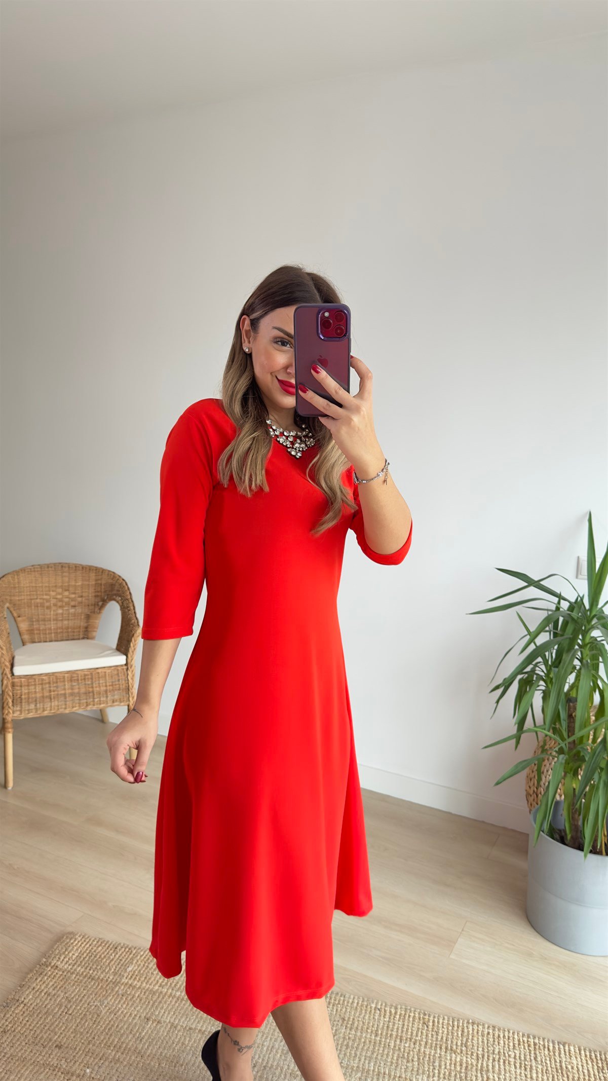 Midi Boy Nar Çiçeği Elbise 