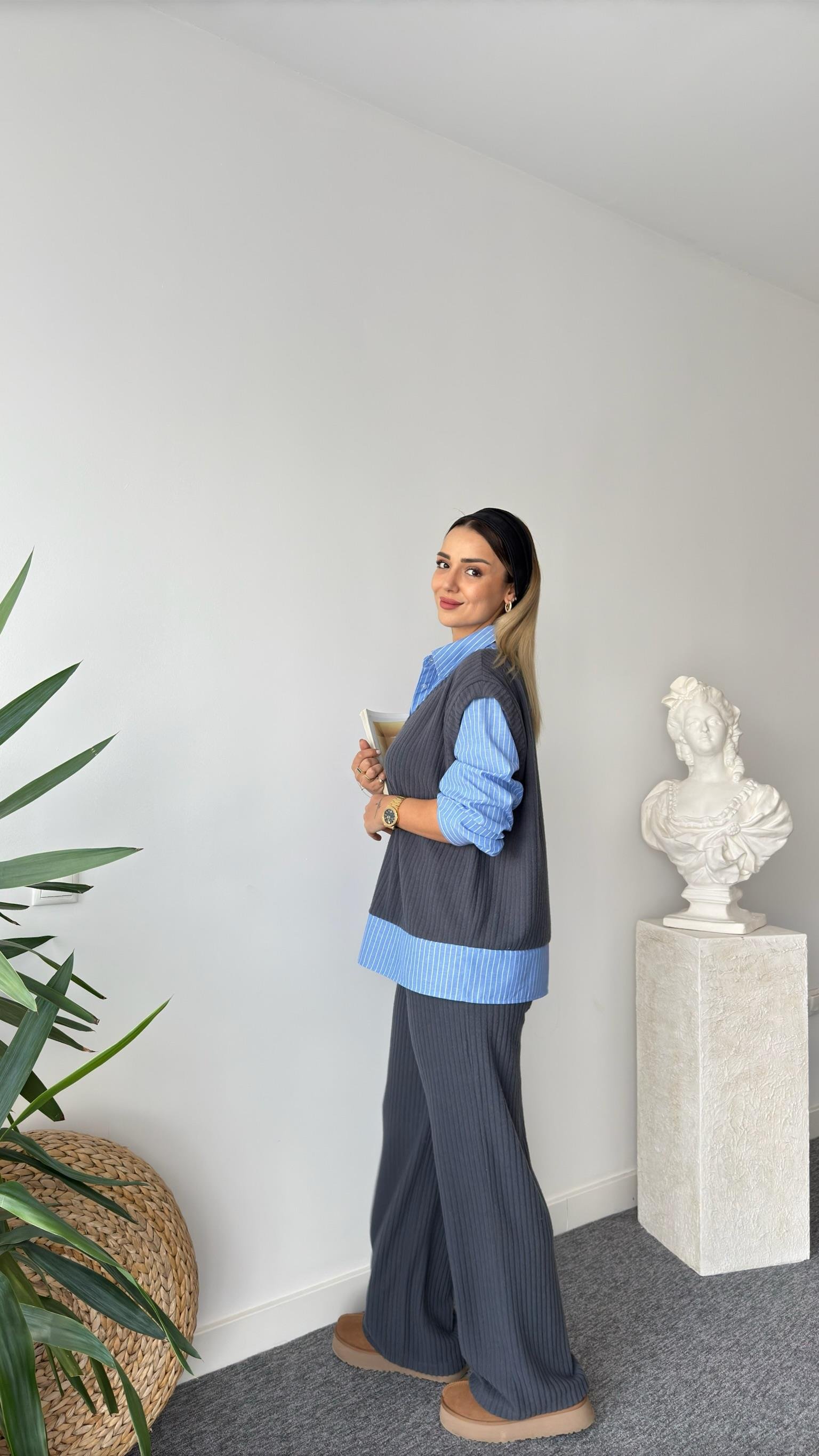 Gömlek Detaylı Örme İkili Takım