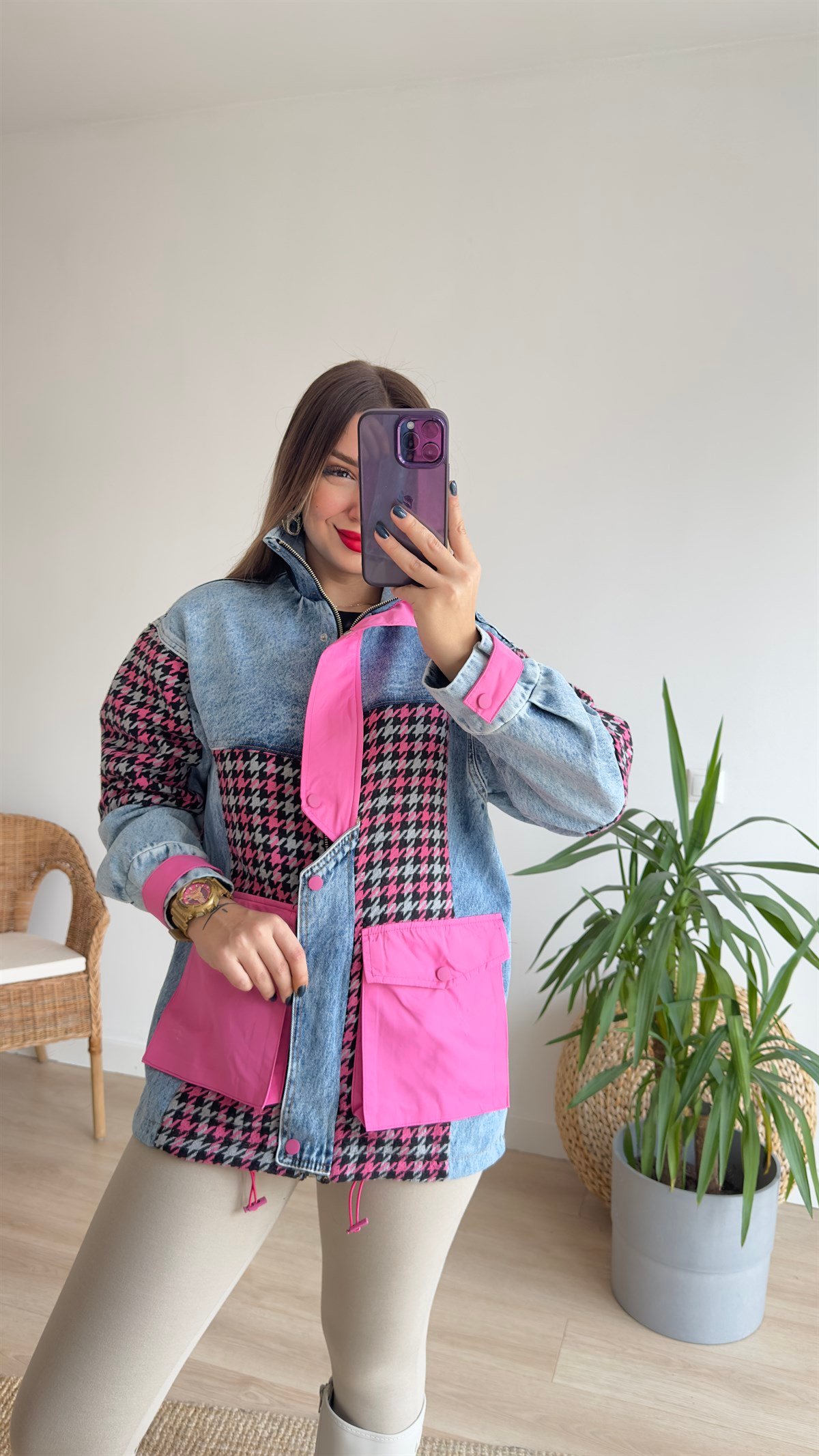 Pembe Kazayağı Desen Tasarım Kot Ceket
