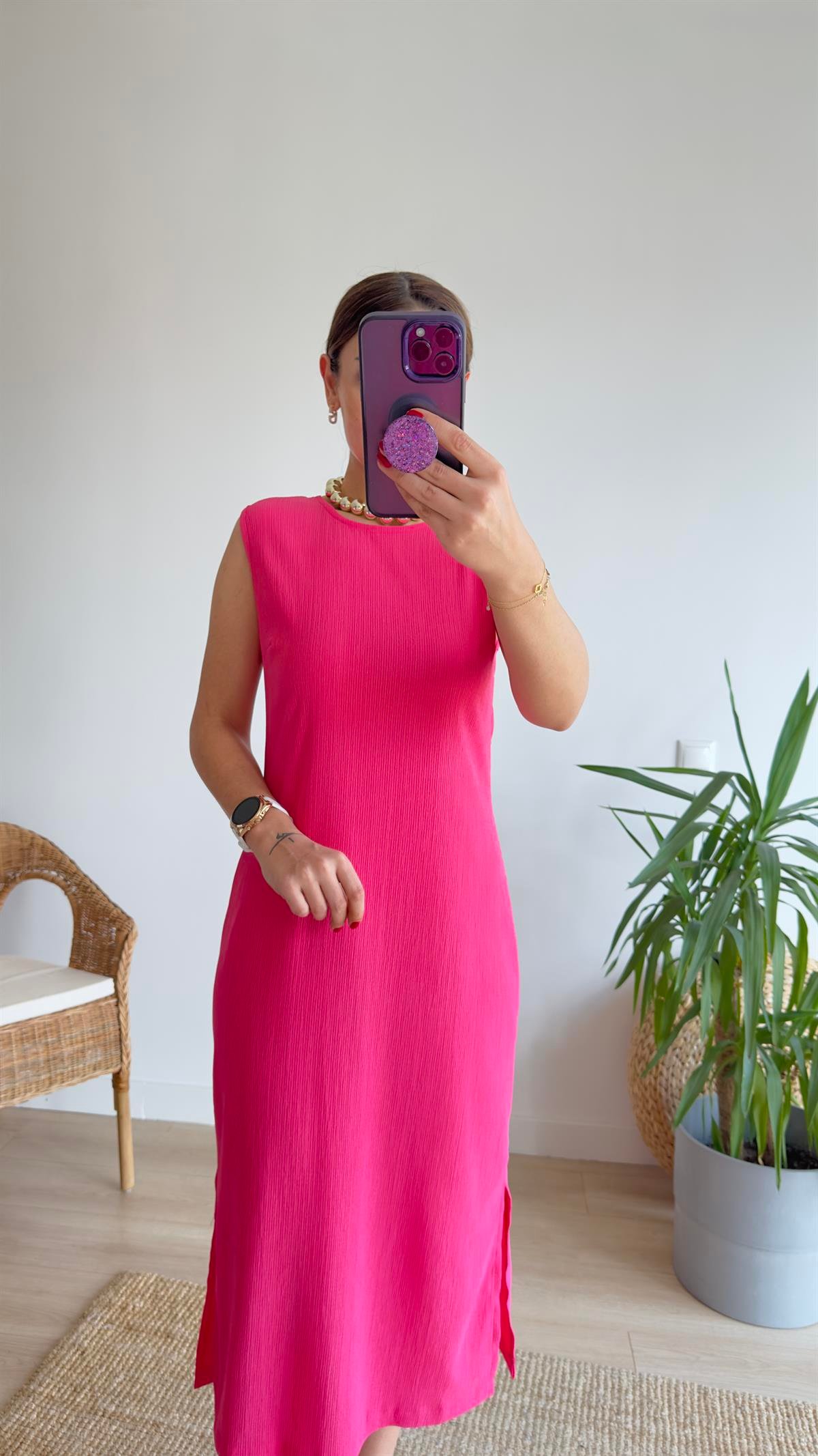 Yırtmaçlı Pembe Basic Elbise