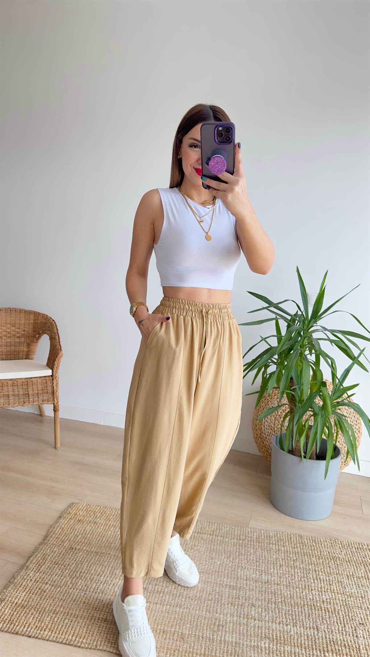 Beli Lastikli Camel Şalvar Pantolon