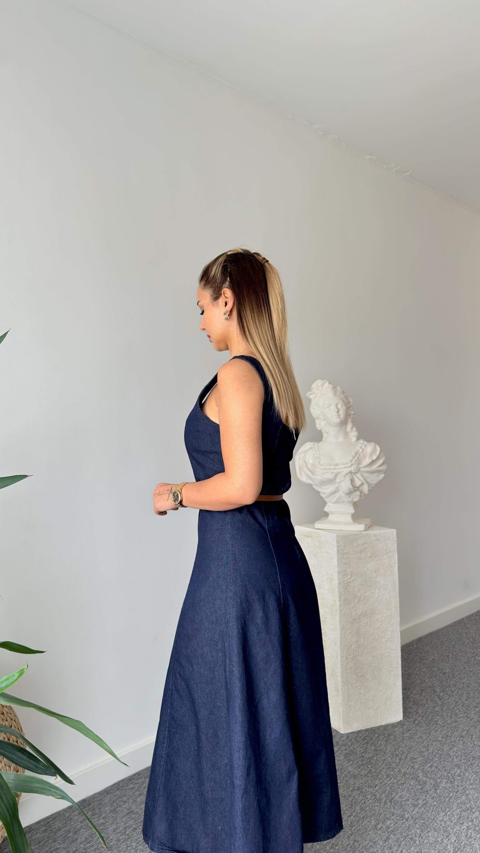 Luena Kemer Detaylı Askılı Jean Elbise 
