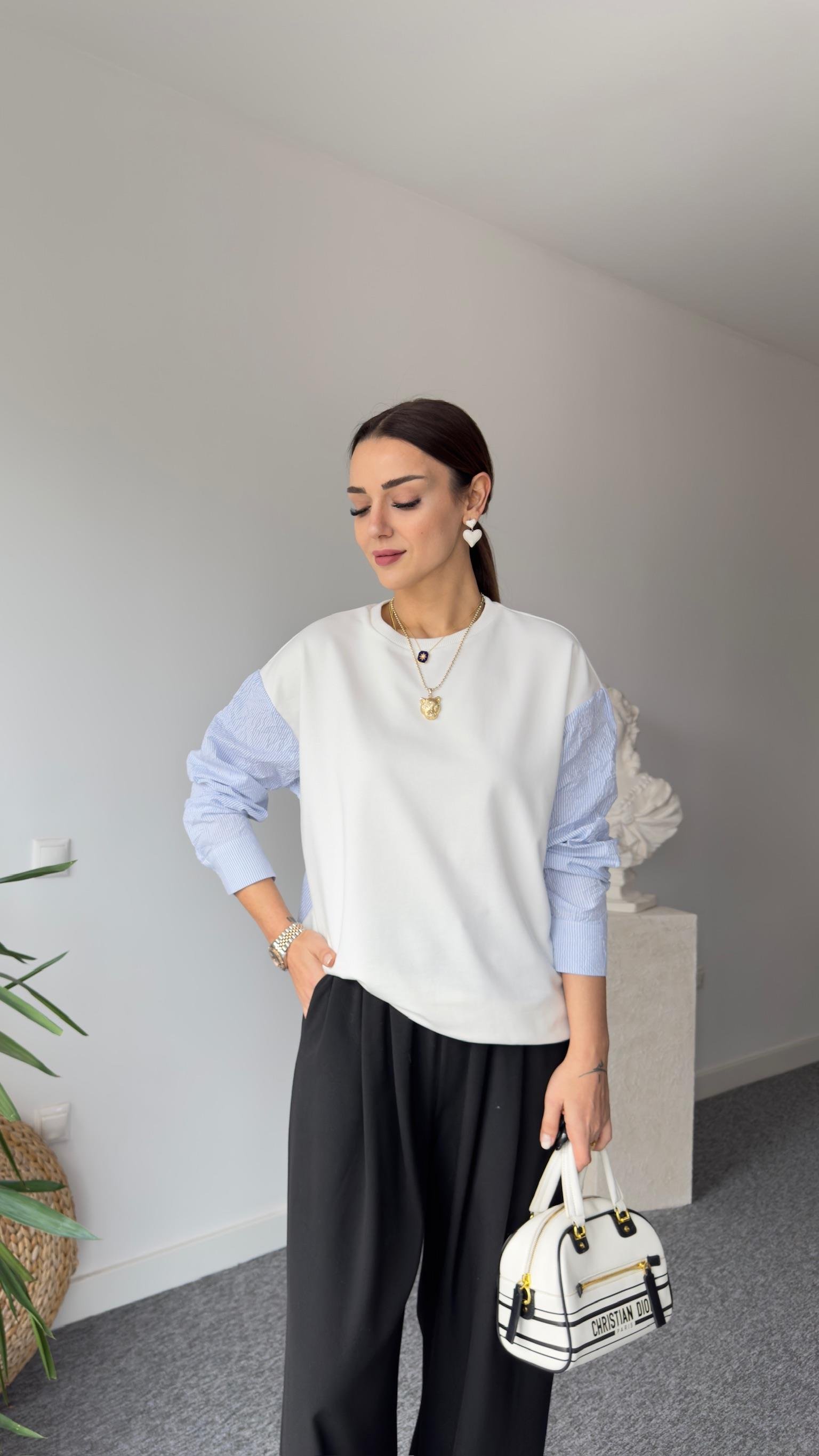 Luzi Çizgili Poplin Garnili Beyaz Sweat