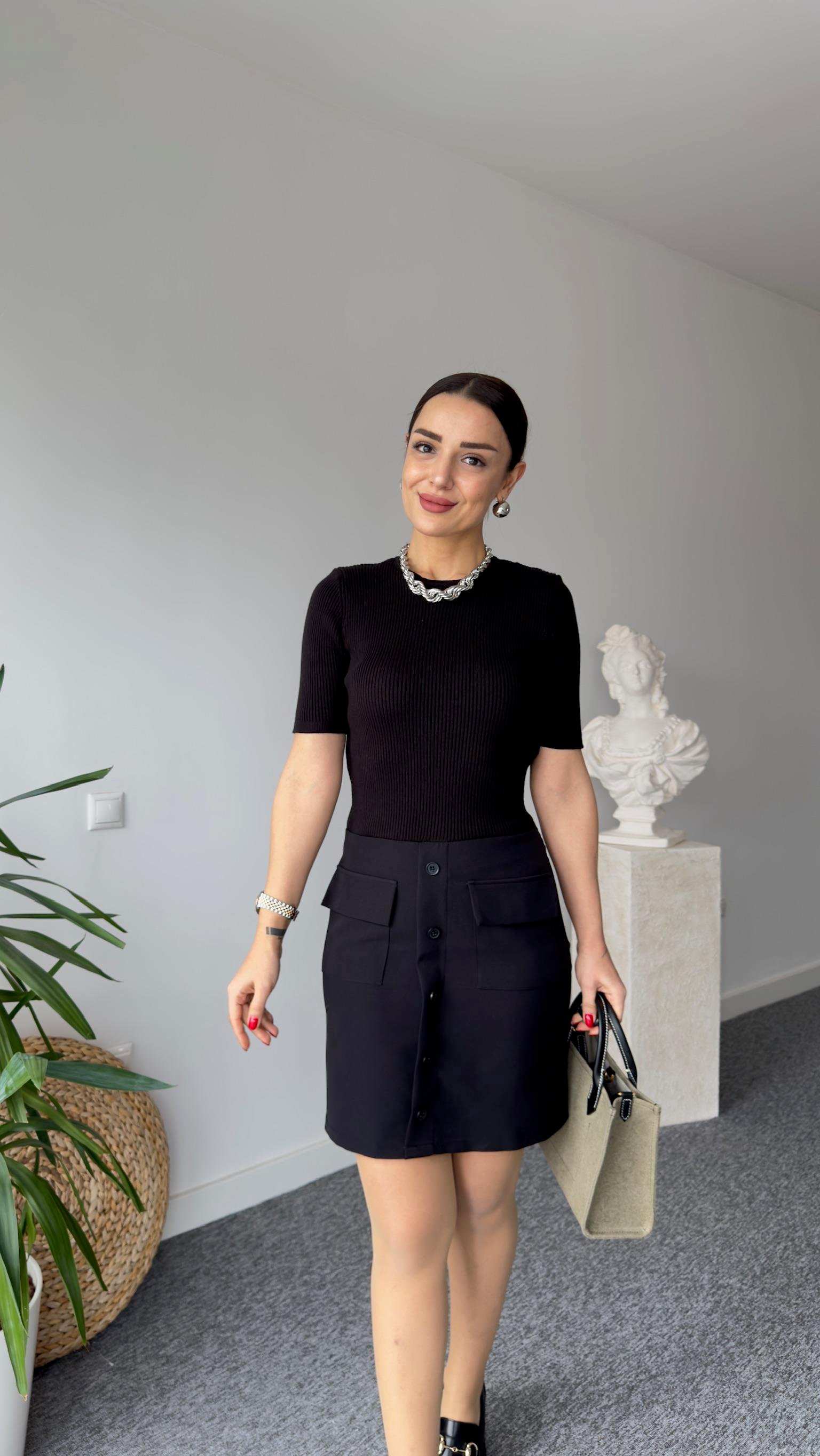 Farfe Triko Garnili Siyah Düğmeli Elbise 
