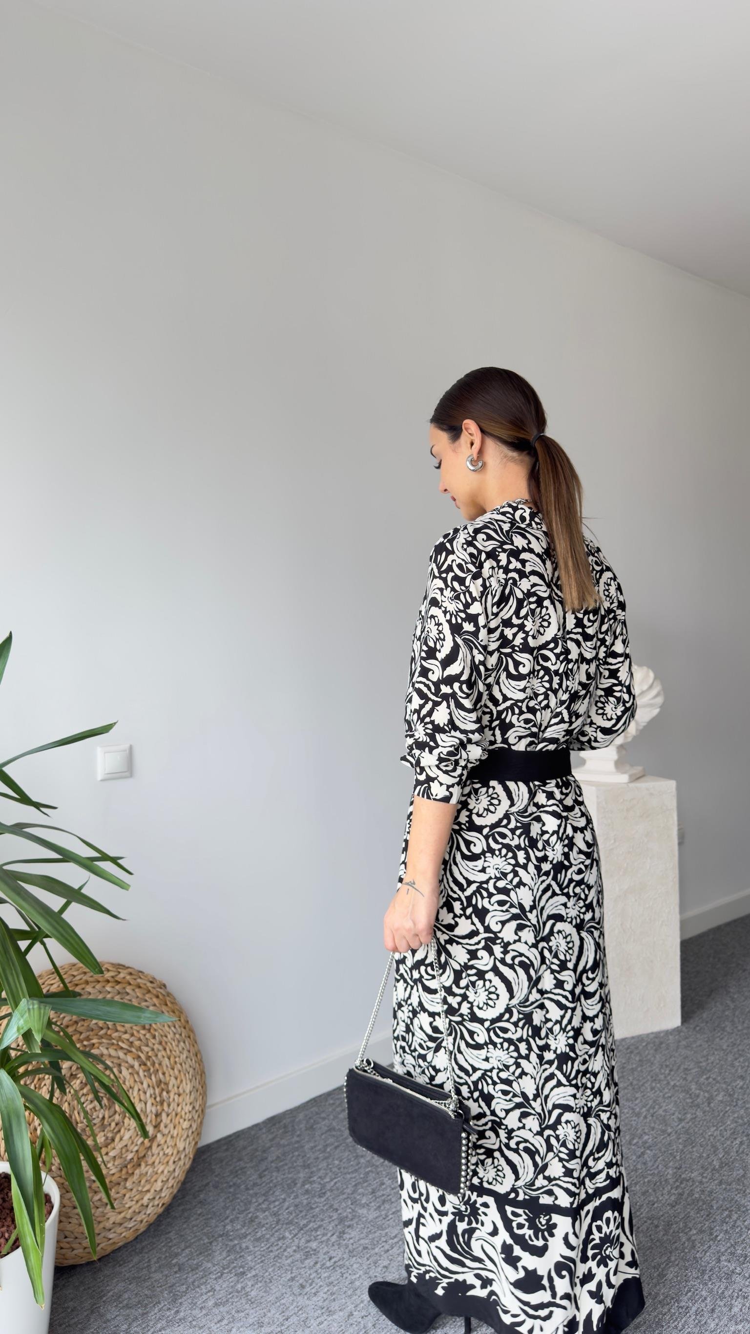 Kemerli Etnik Desen Maxi Crep Elbise