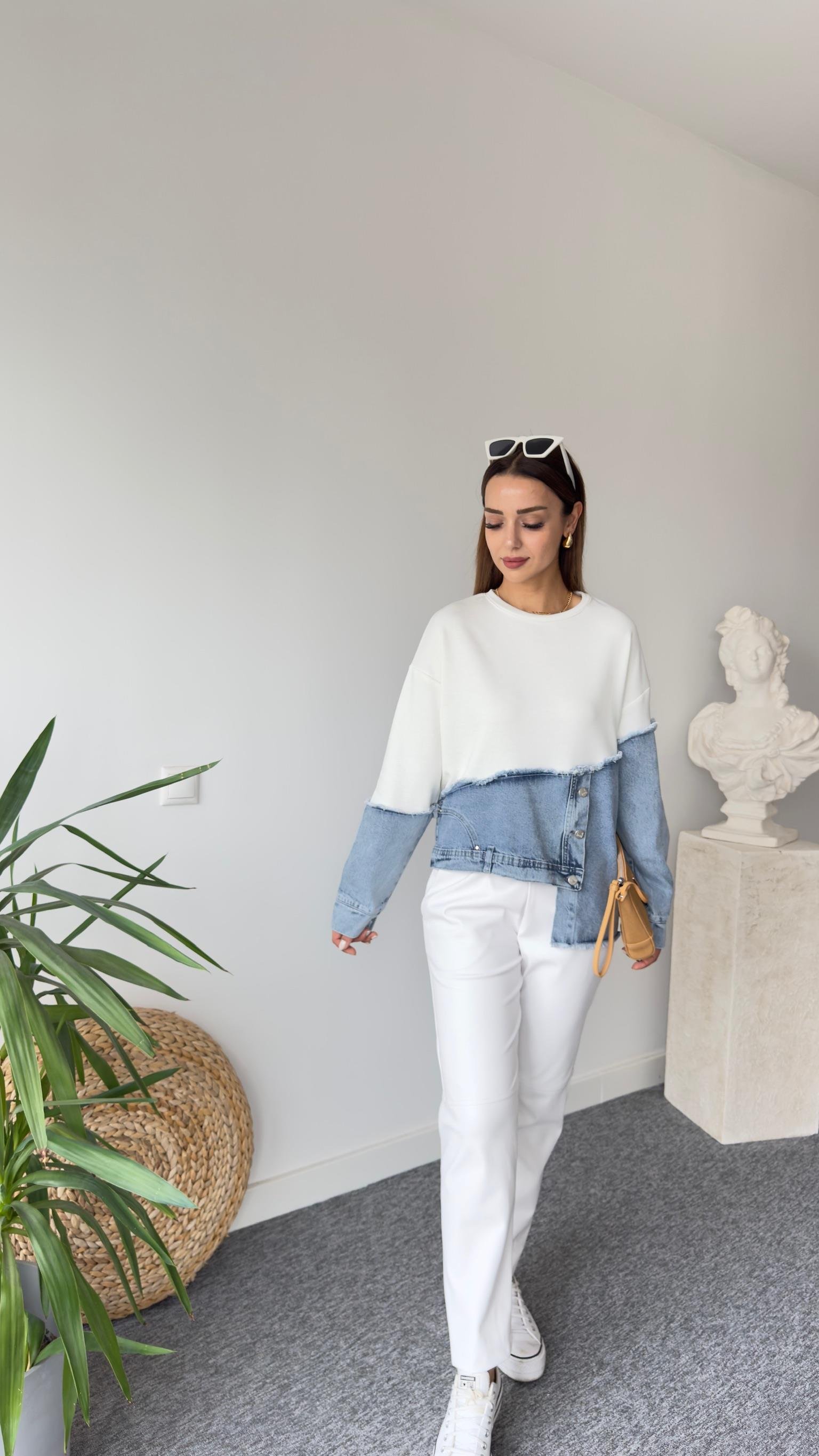 New Asimetrik Kot Detay Beyaz Tasarım Sweat