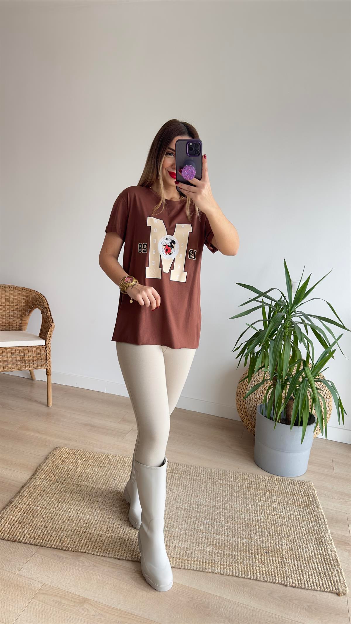 M Baskı Kahve Tshirt