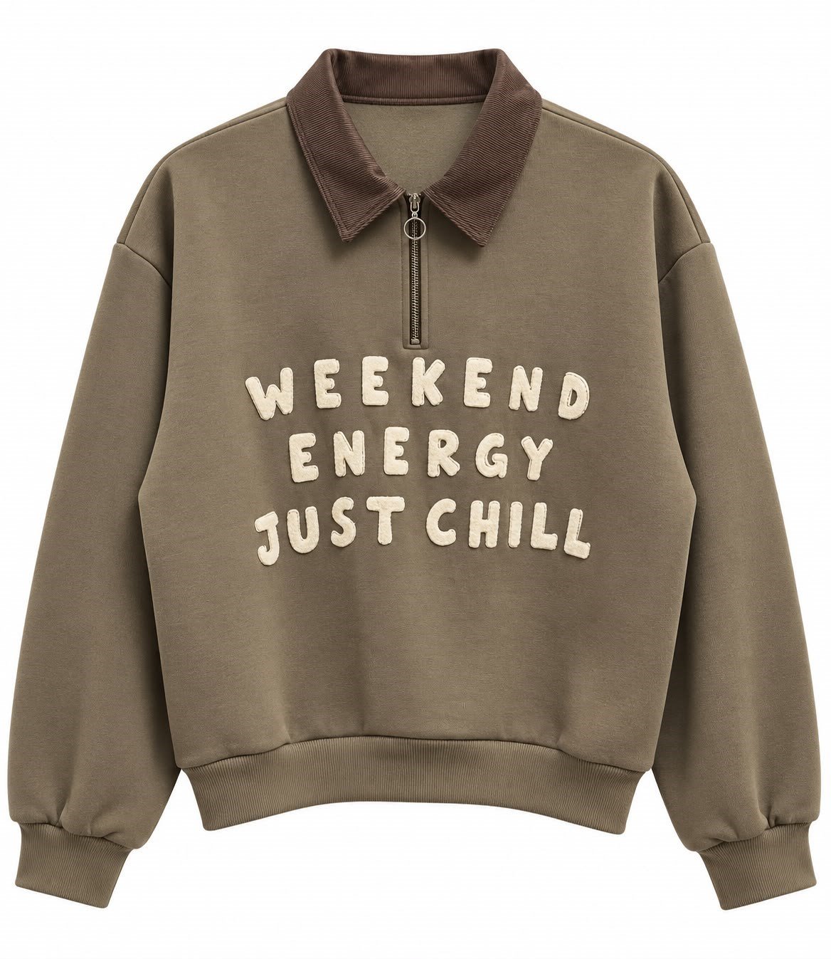 Kabartma Yazılı Kadife Yaka Sweatshirt