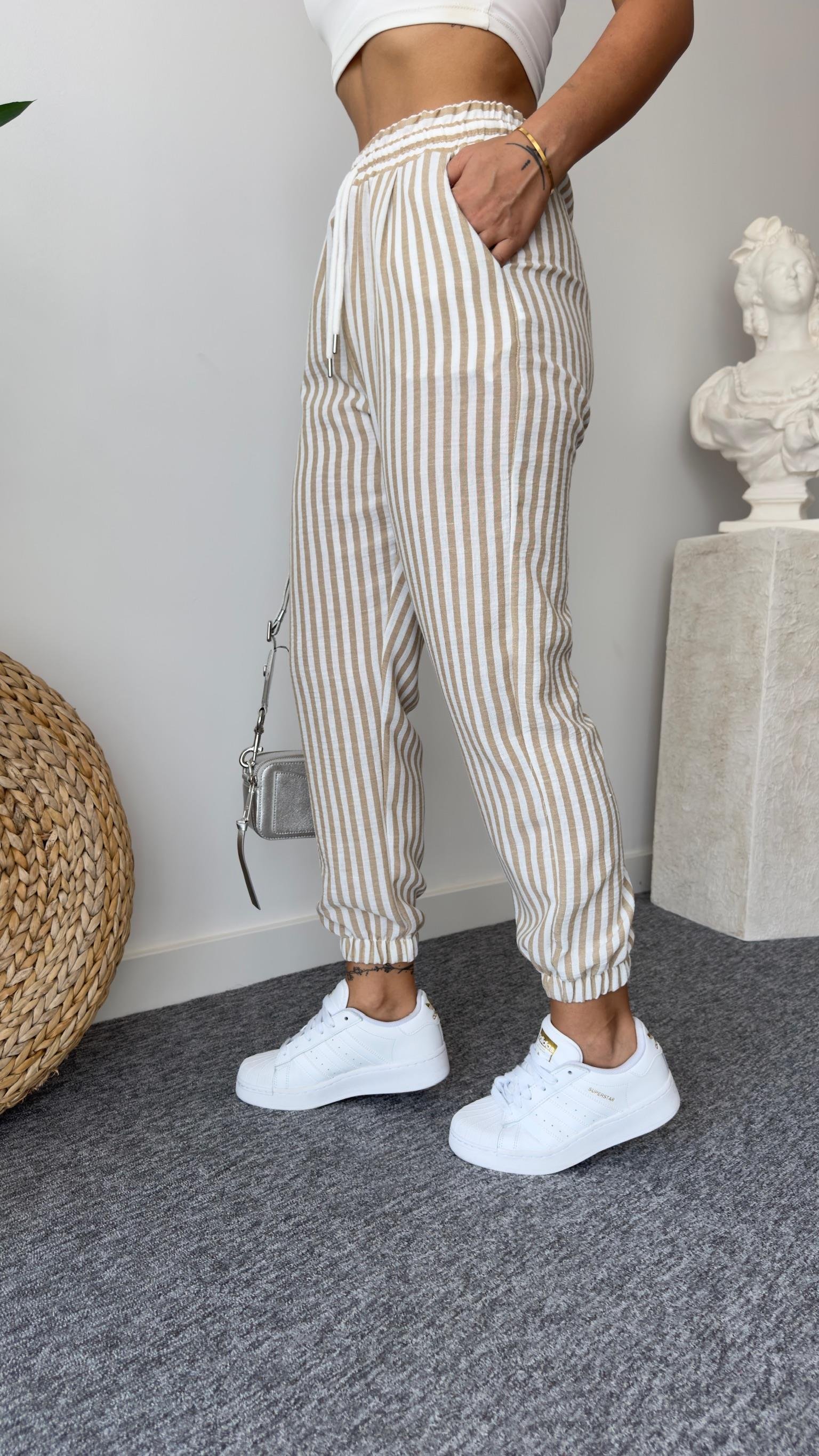 Bej Çizgili Keten Jogger Pantolon
