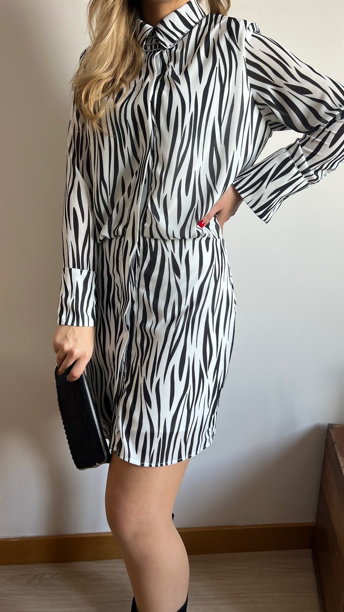 Zebra Desenli Siyah Beyaz Elbise	