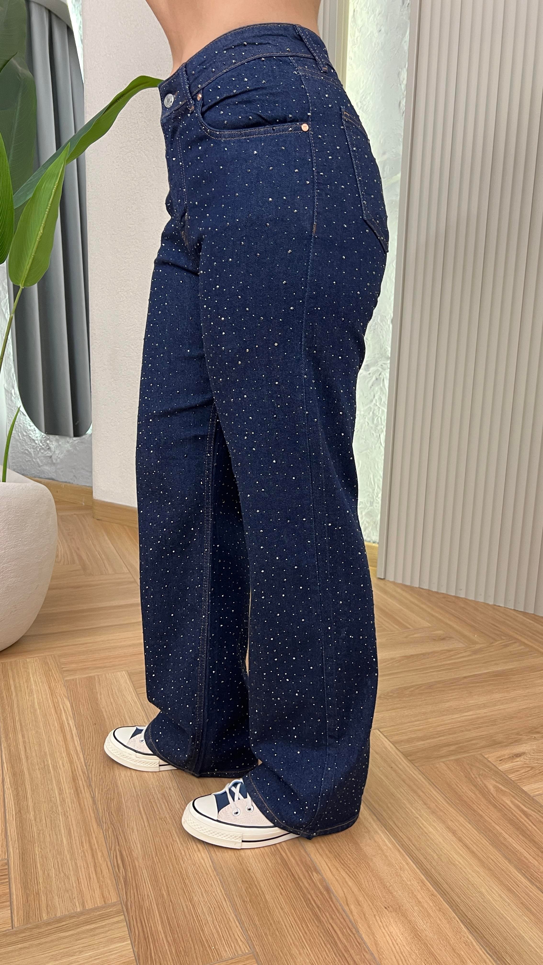 Lacivert Taş Detaylı Straight Likralı Jean