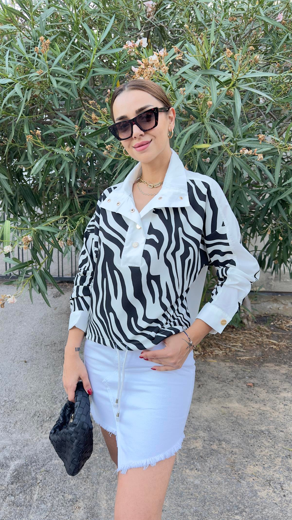 Gold Düğme Zebra Desenli Poplin Sweat