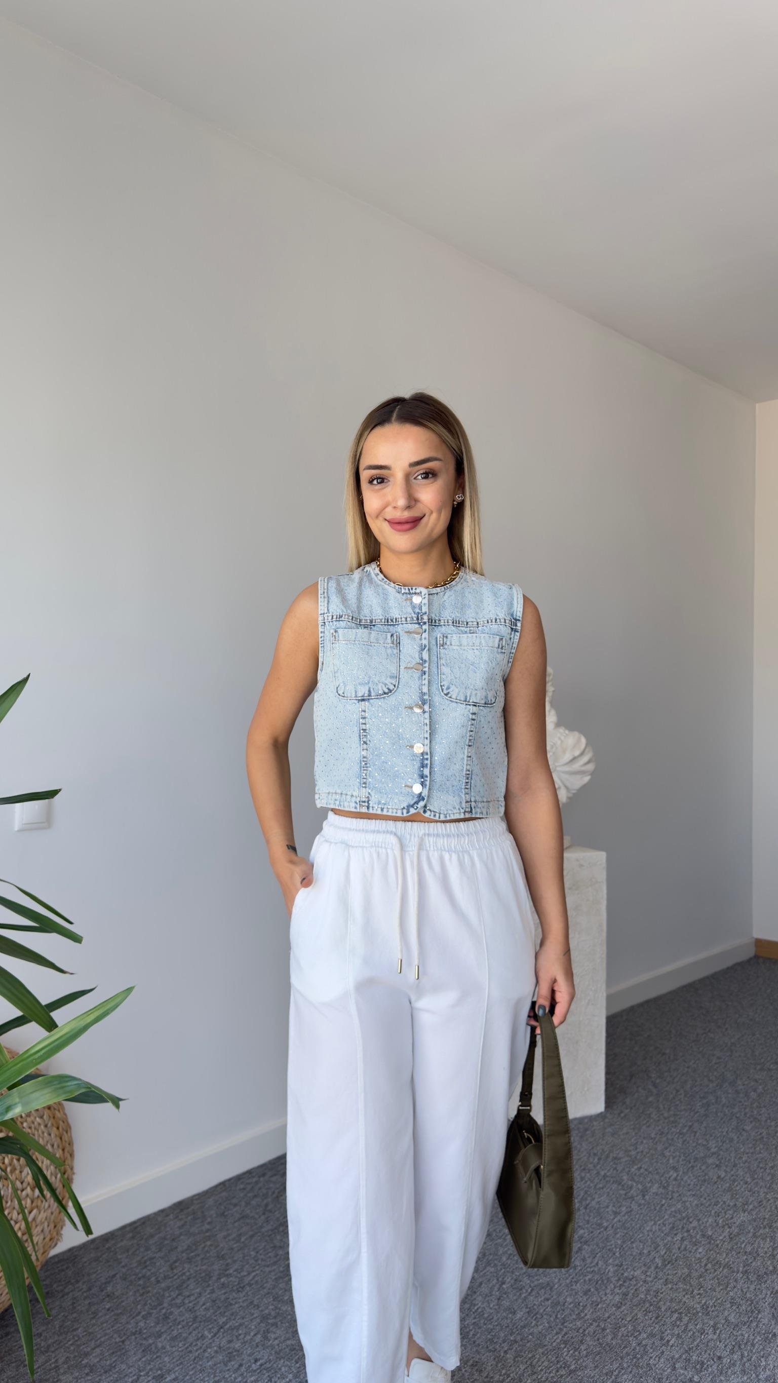Taş Baskılı Denim Yelek