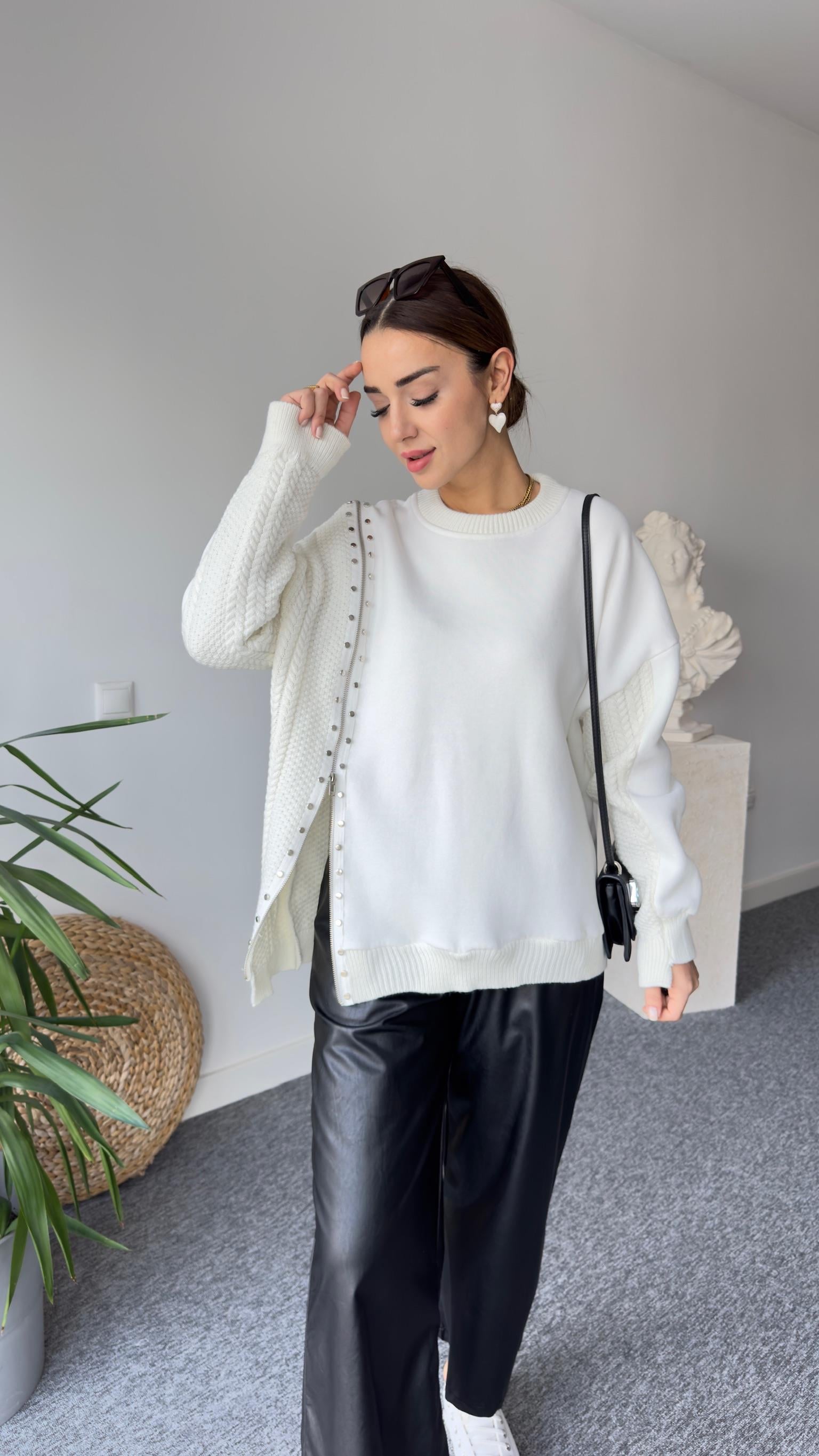 Fermuarlı Taş Detay Orj Model Ekru Tasarım Sweat 