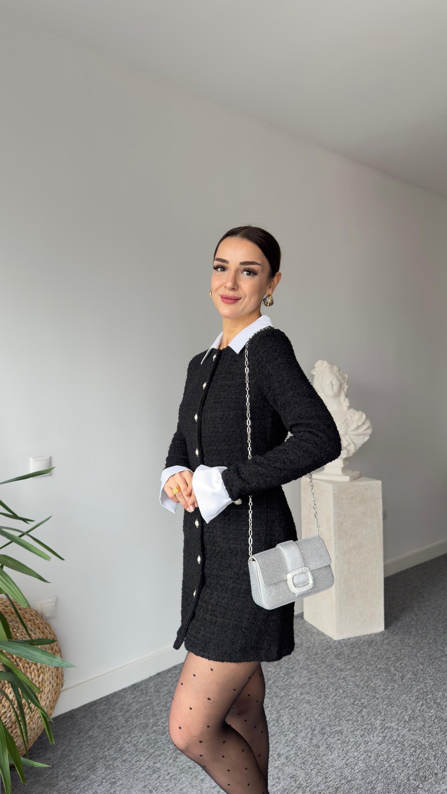 Helena Gömlek Yaka Siyah Tüvit Elbise