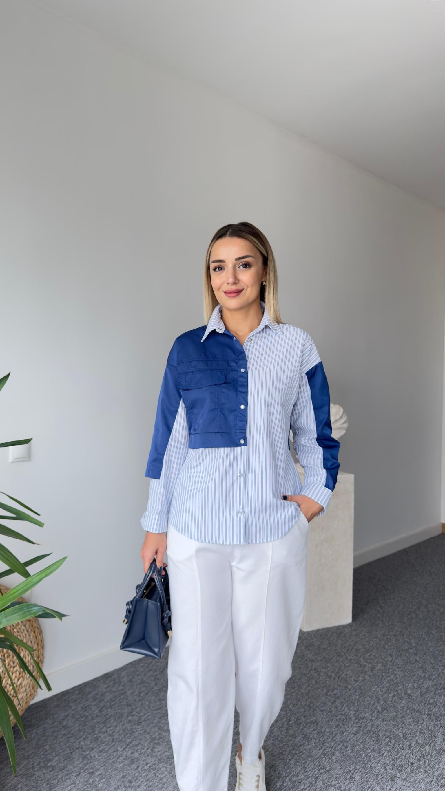 Mavi Paraşüt Detaylı Çizgili Gömlek