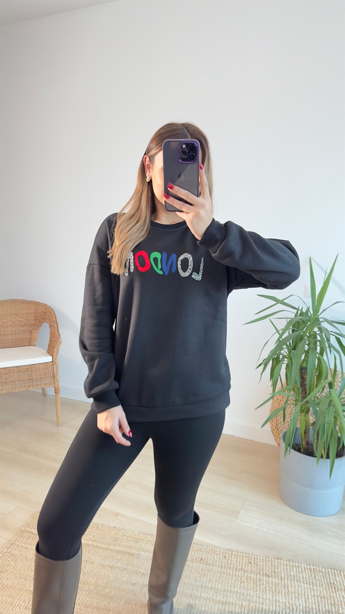 London Baskı Siyah Sweat