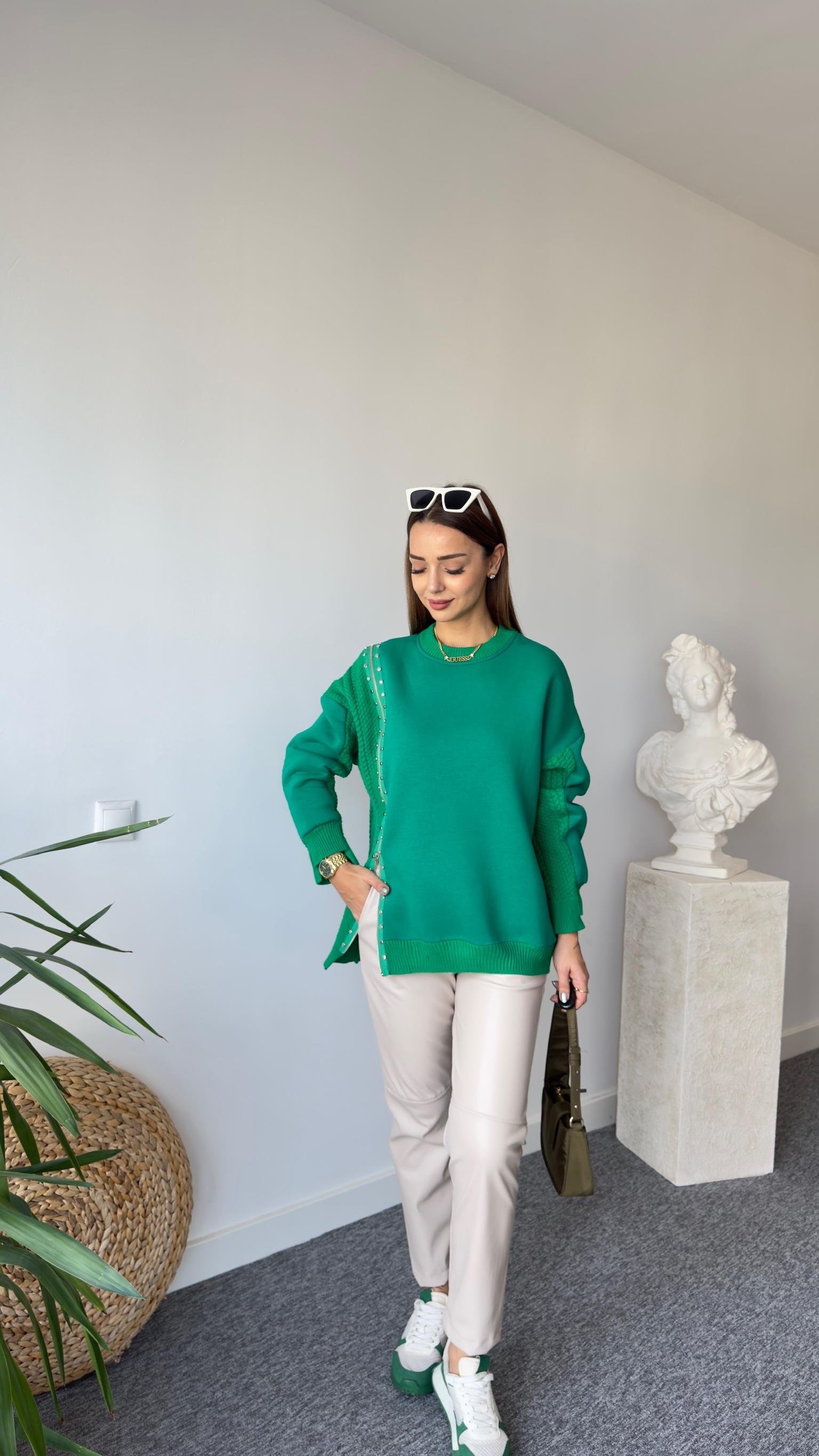 Fermuarlı Taş Detay Orj Model Yeşil Tasarım Sweat