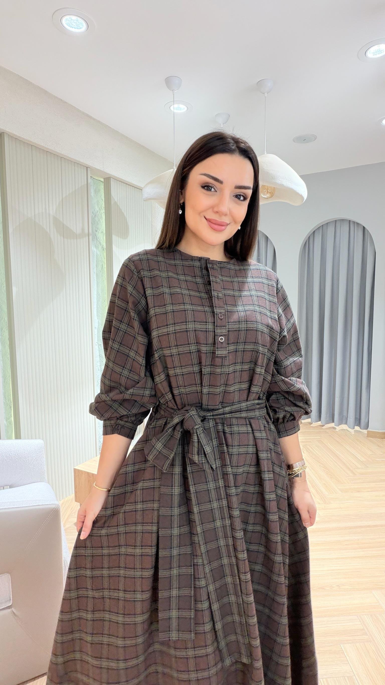 Acı Kahve Zebal Ekose Desenli Elbise 