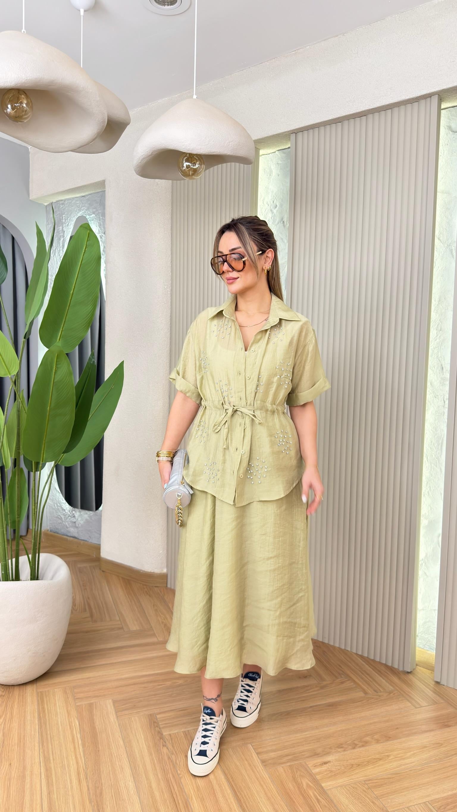 Yeşil Sasha Taşlı Gömlek Etek Takım