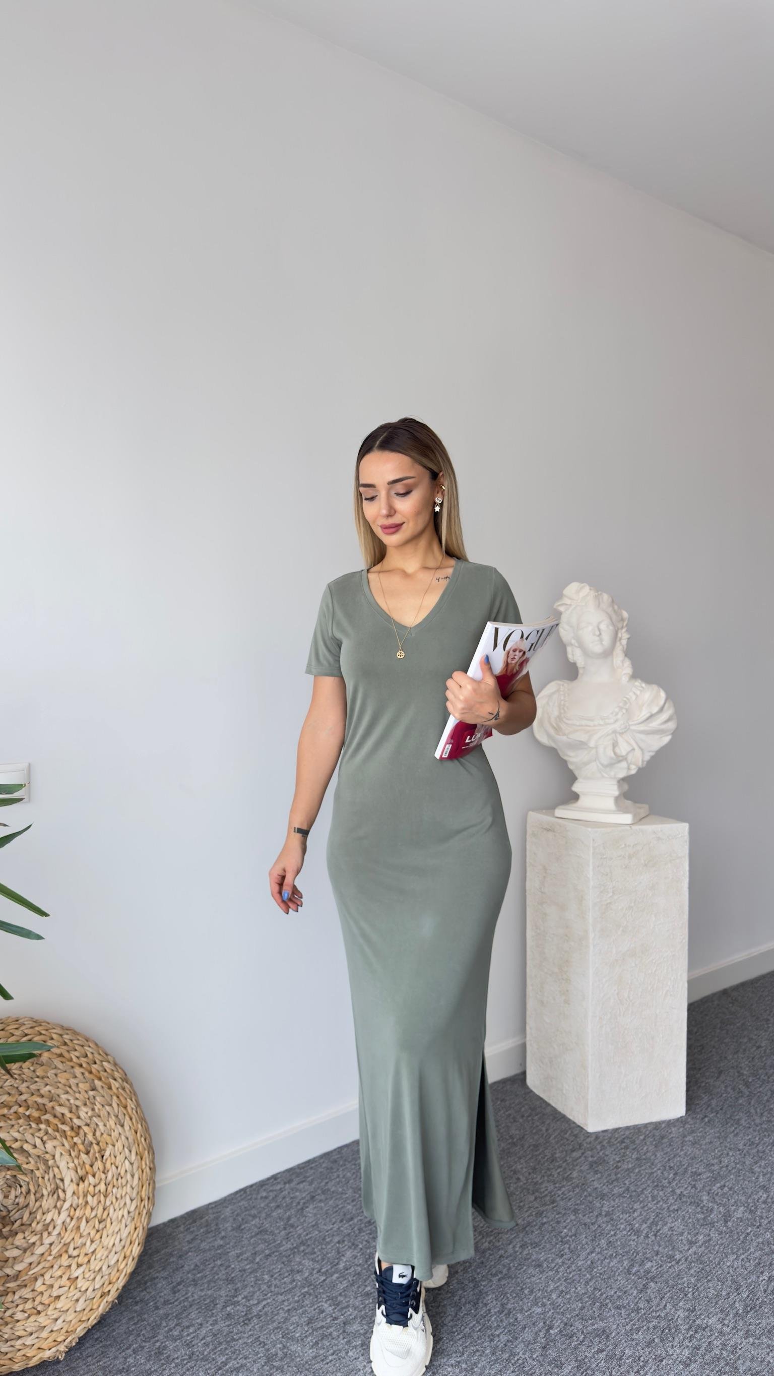 Osi V Yaka Haki Modal Elbise