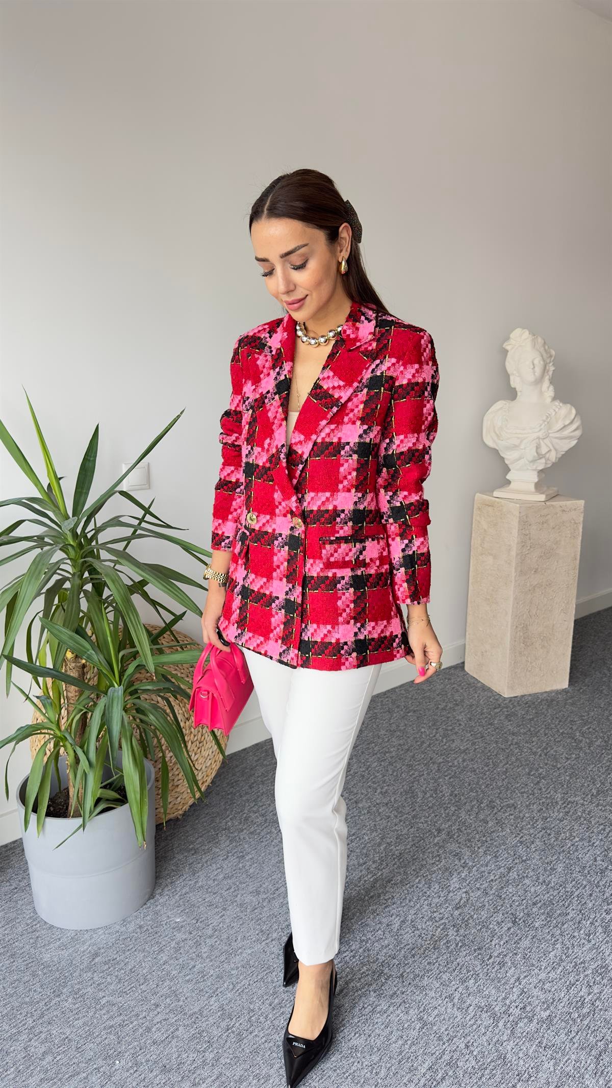 Kırmızı Pembe Renk Geçişli Blazer Ceket