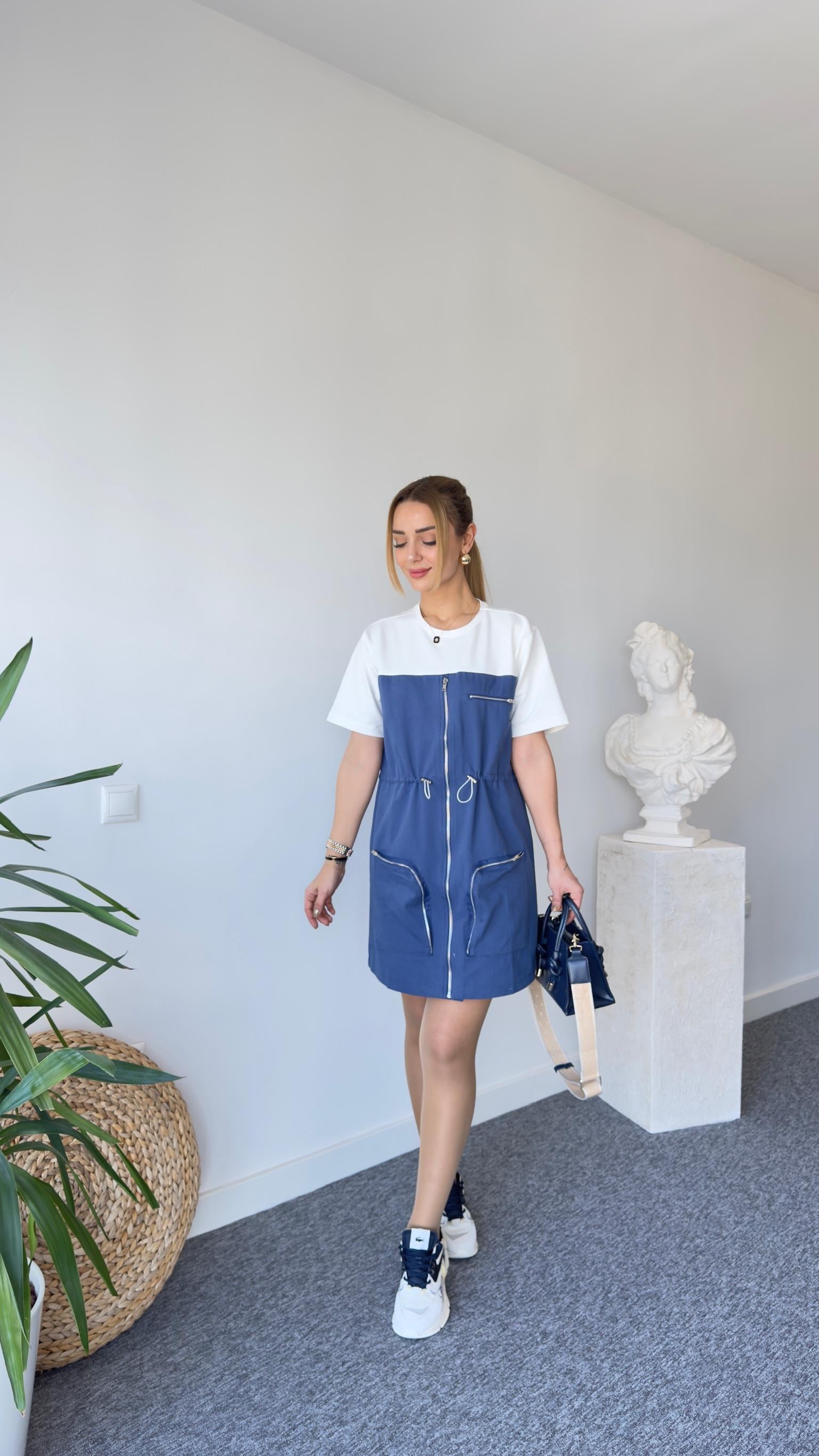 Derno Tshirt Detaylı Mavi Gabardin Elbise 
