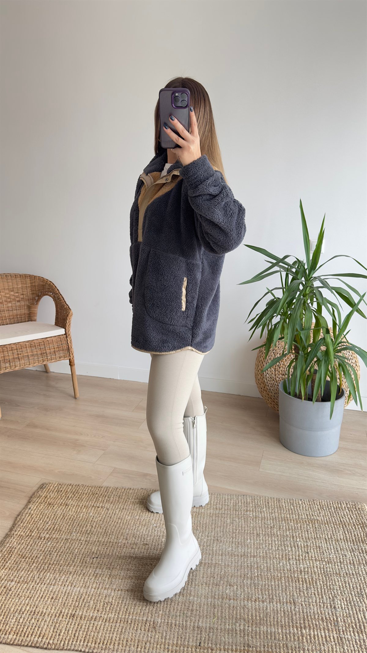 Yarım Fermuar Cepli Antrasit Polar Sweat