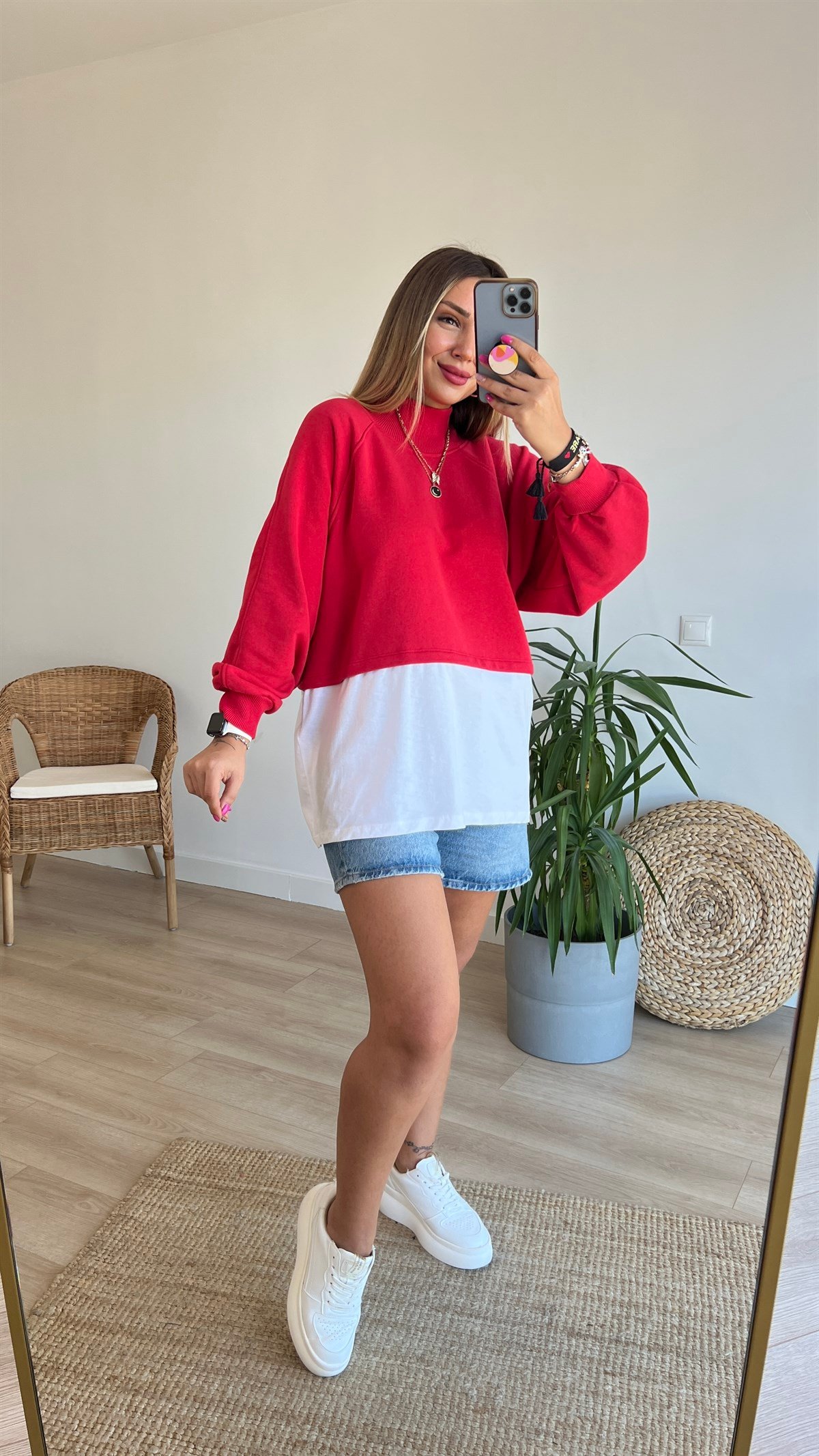 Balıkçı Yaka Tshirt Detaylı Kırmızı Sweat