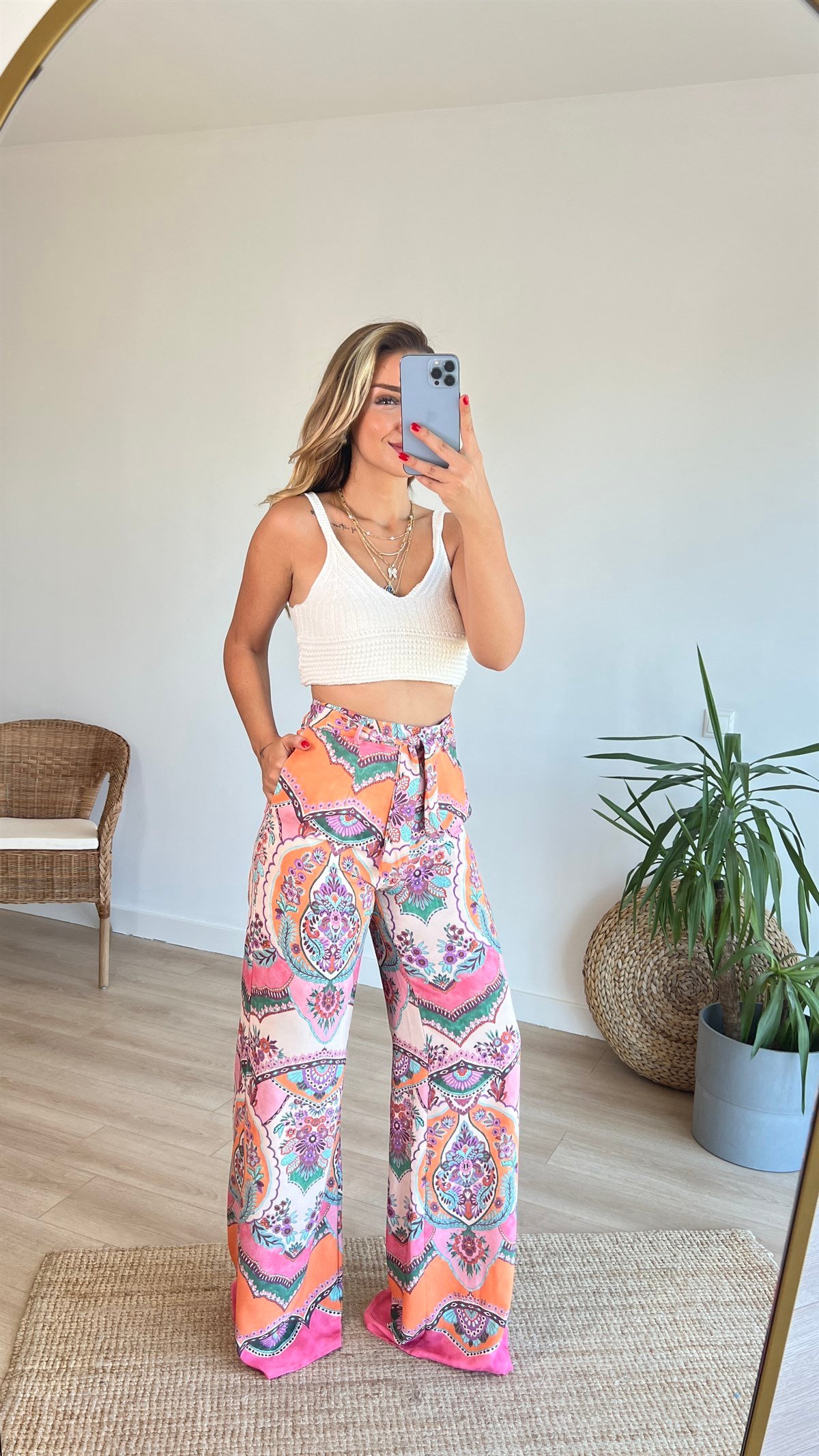 Zara Model Şal Desen Kuşaklı Pantolon