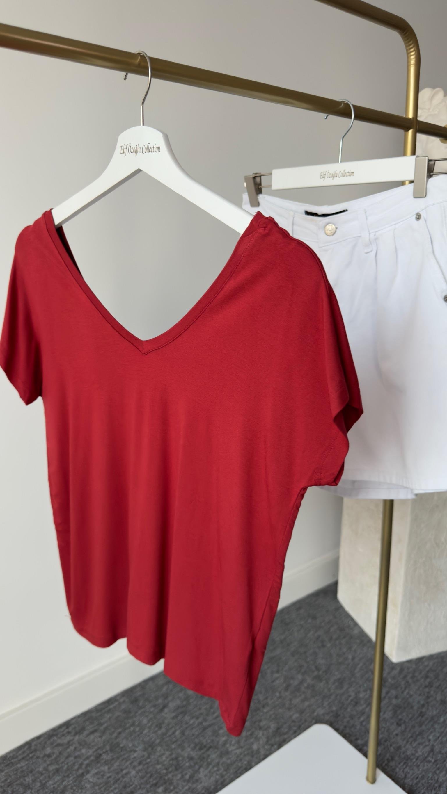 Ön Arka V Yaka Bordo Tshirt