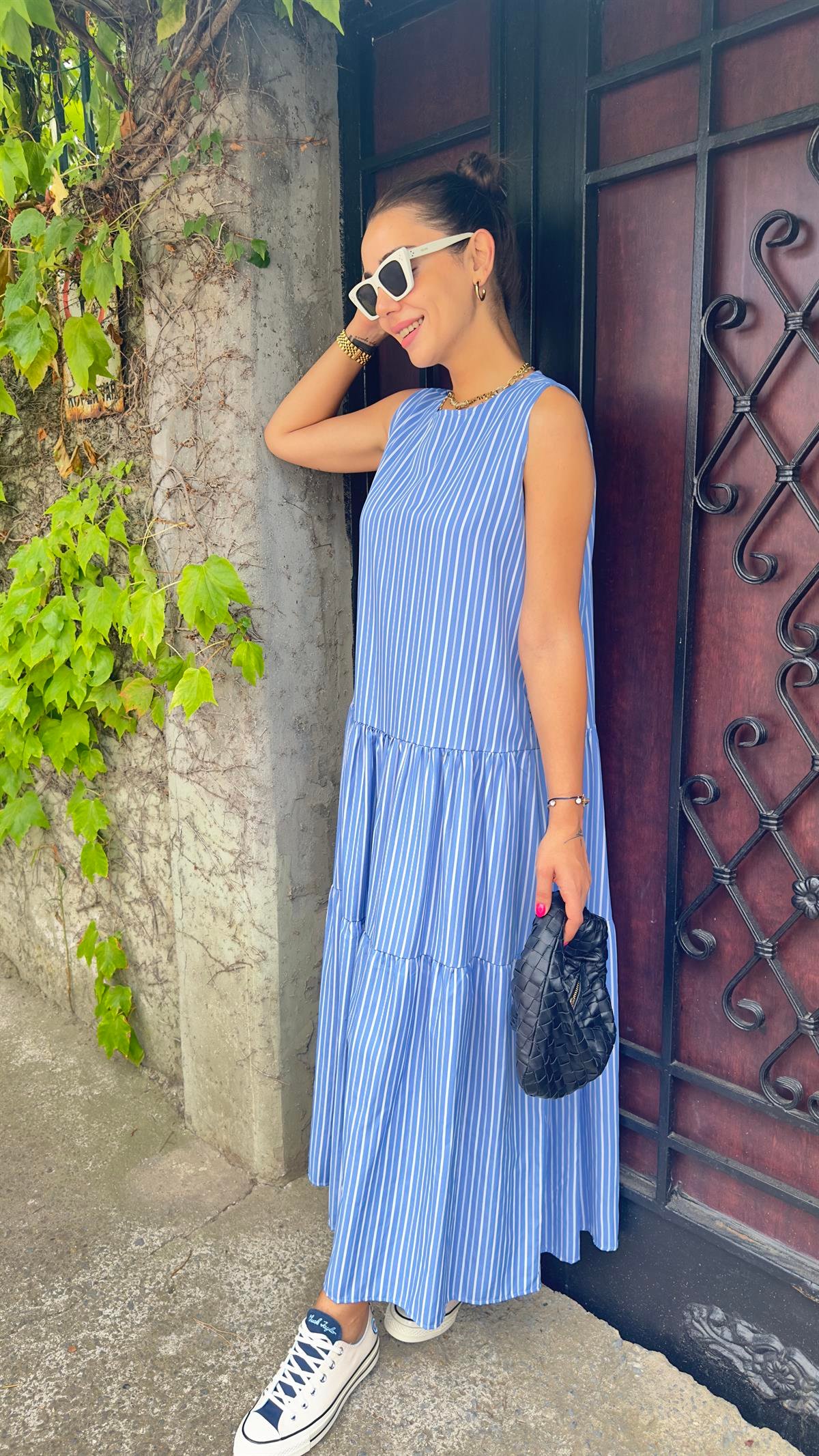 Tiara Çizgili Mavi Poplin Maxi Elbise