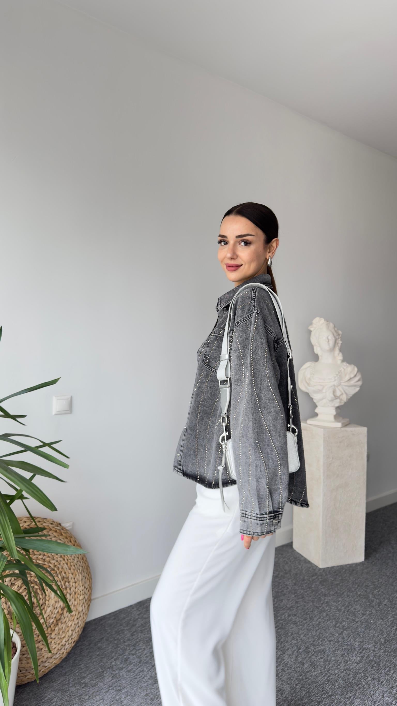 Premıum Taş Detaylı Antrasit Jean Ceket