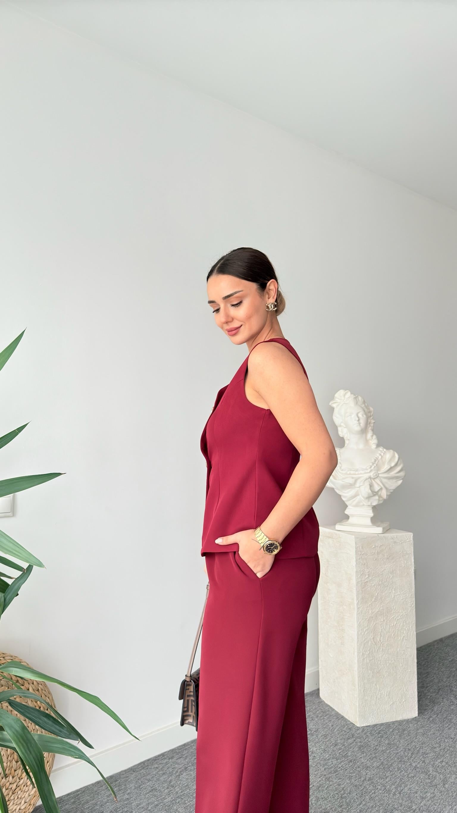 Bordo Vagner Gold Düğme Yelek