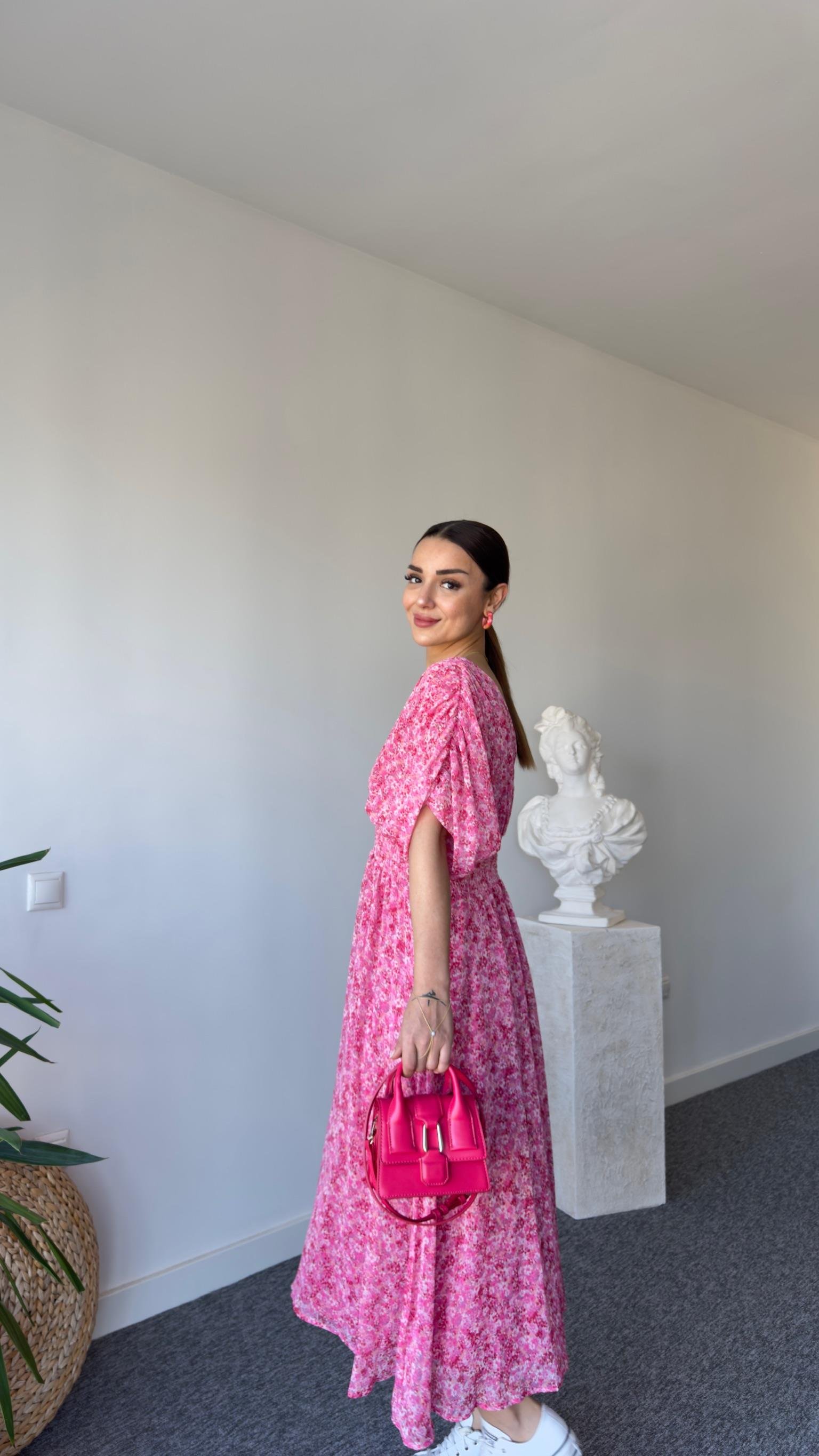 Pembe Çiçek Desen Bel Büzgü Maxi Elbise 