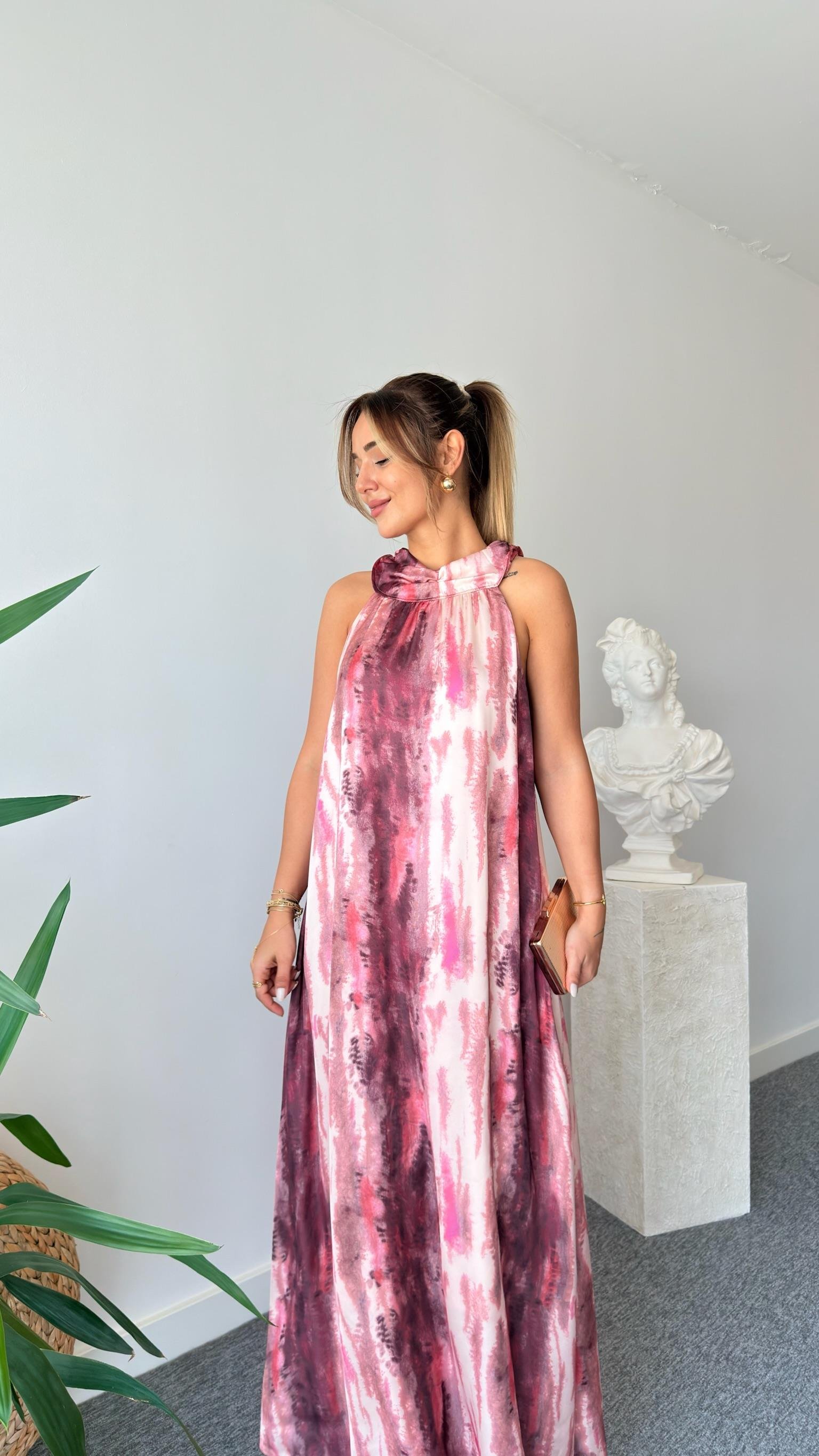 Pembe Massi Batik Desenli Halter Yaka Elbise 