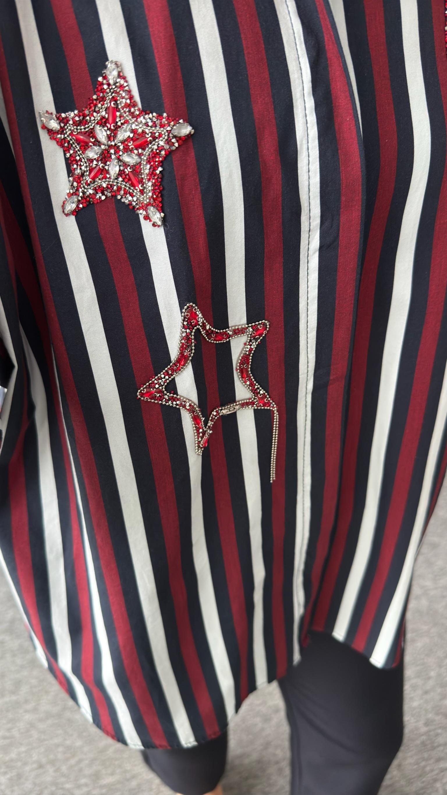 Bordo Çizgili Yıldız Taşlı Gömlek