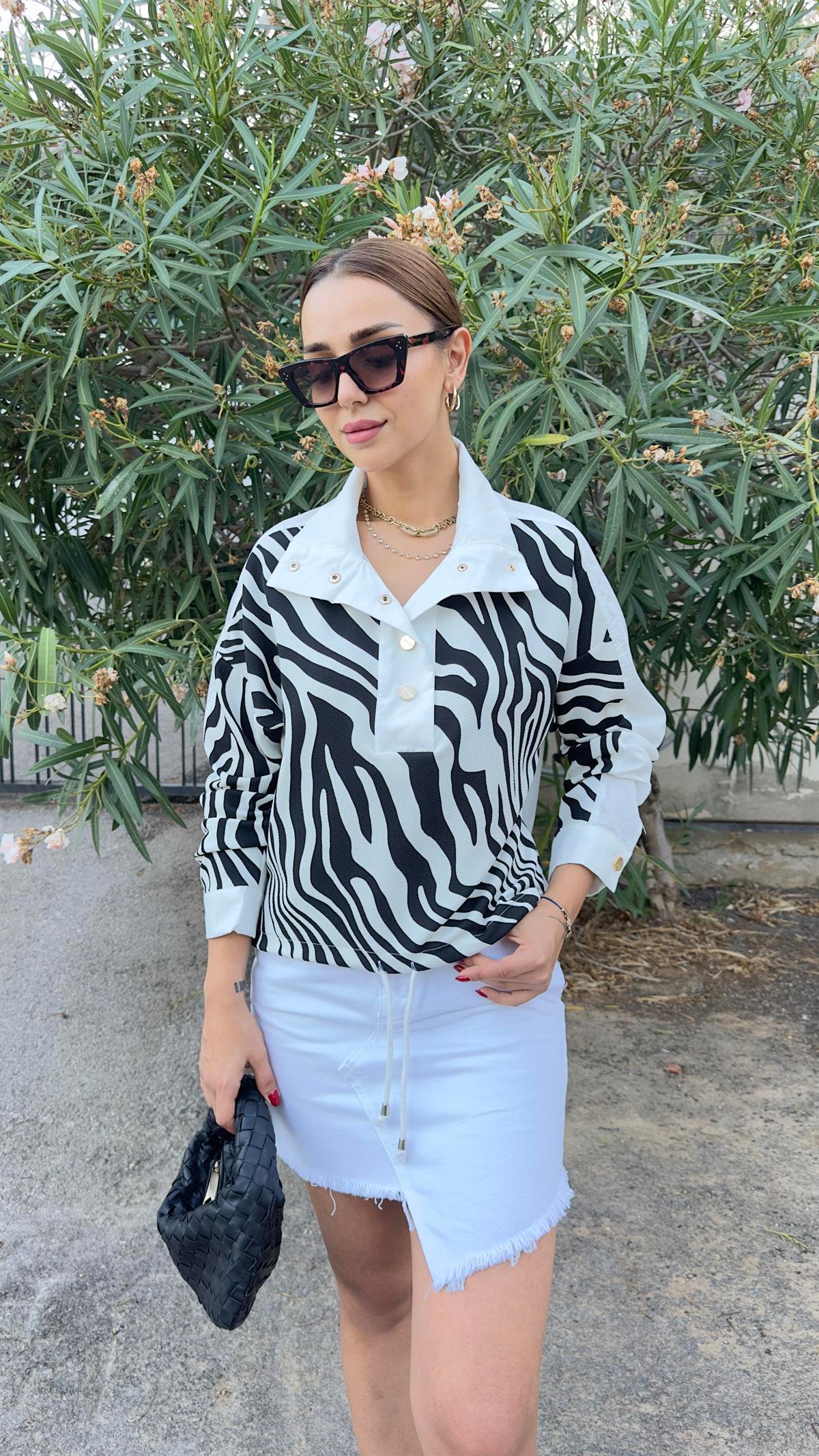 Gold Düğme Zebra Desenli Poplin Sweat