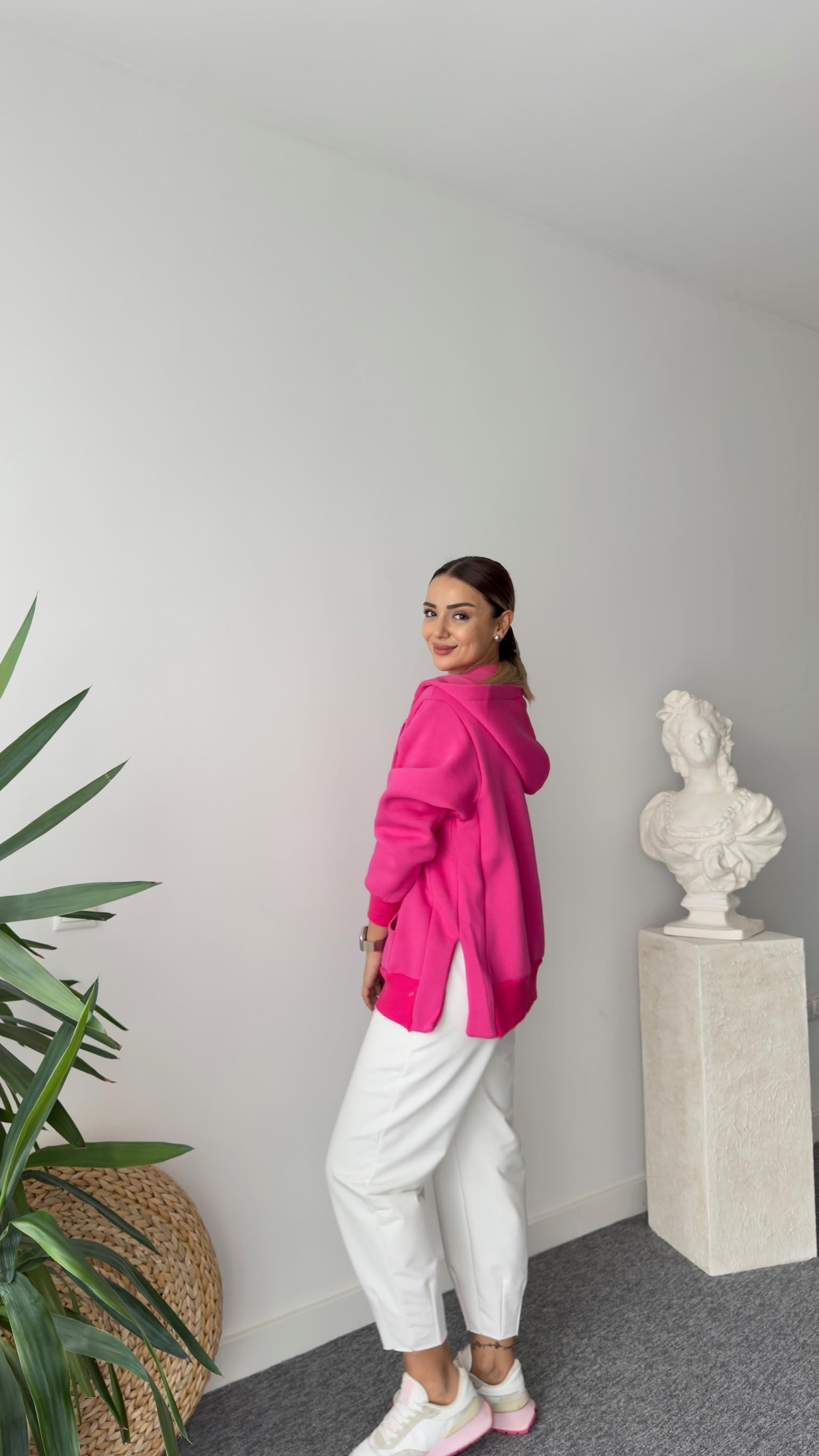 Lune Yanlar Yırtmaçlı Salaş Pembe Sweatshirt